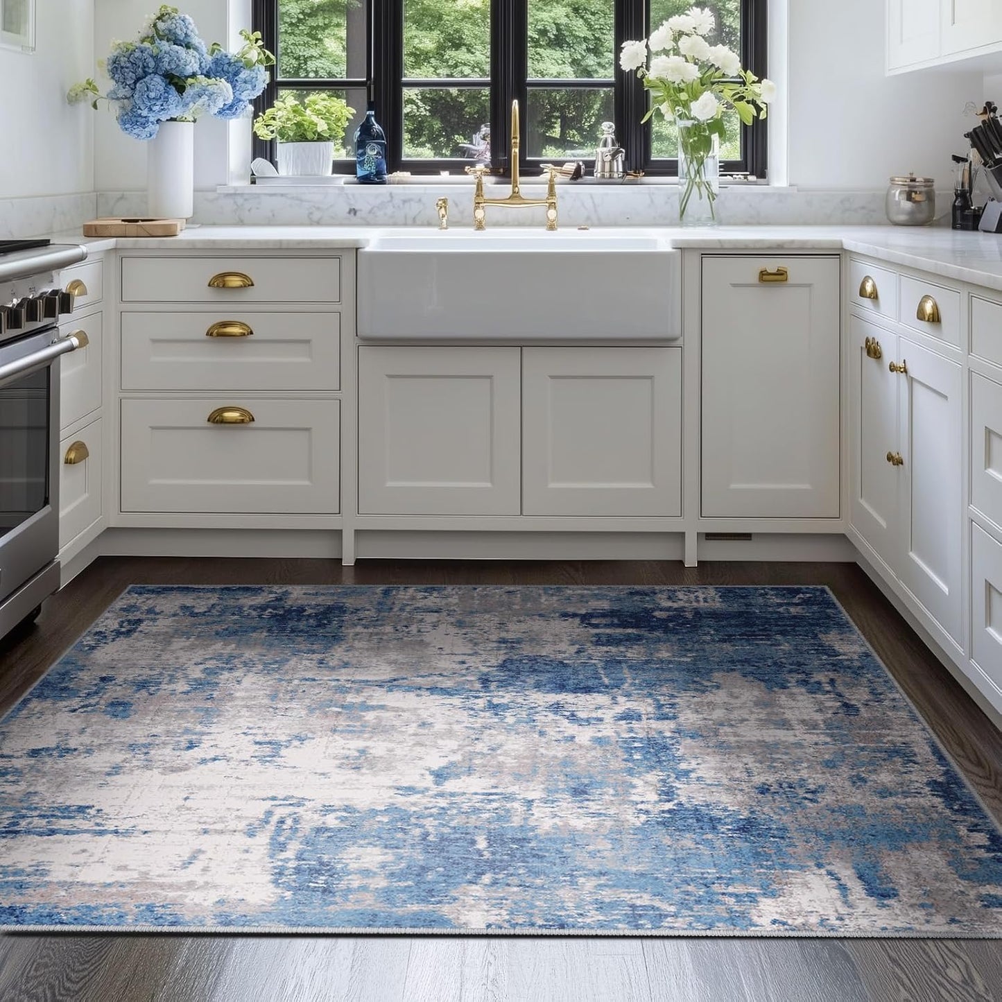 Washable Area Rugs 4'x6' Non-Slip Modern Abstract Soft for Living Room Entryway Bedroom Nursery, Print Pattern, Blue Grey Navy Gray