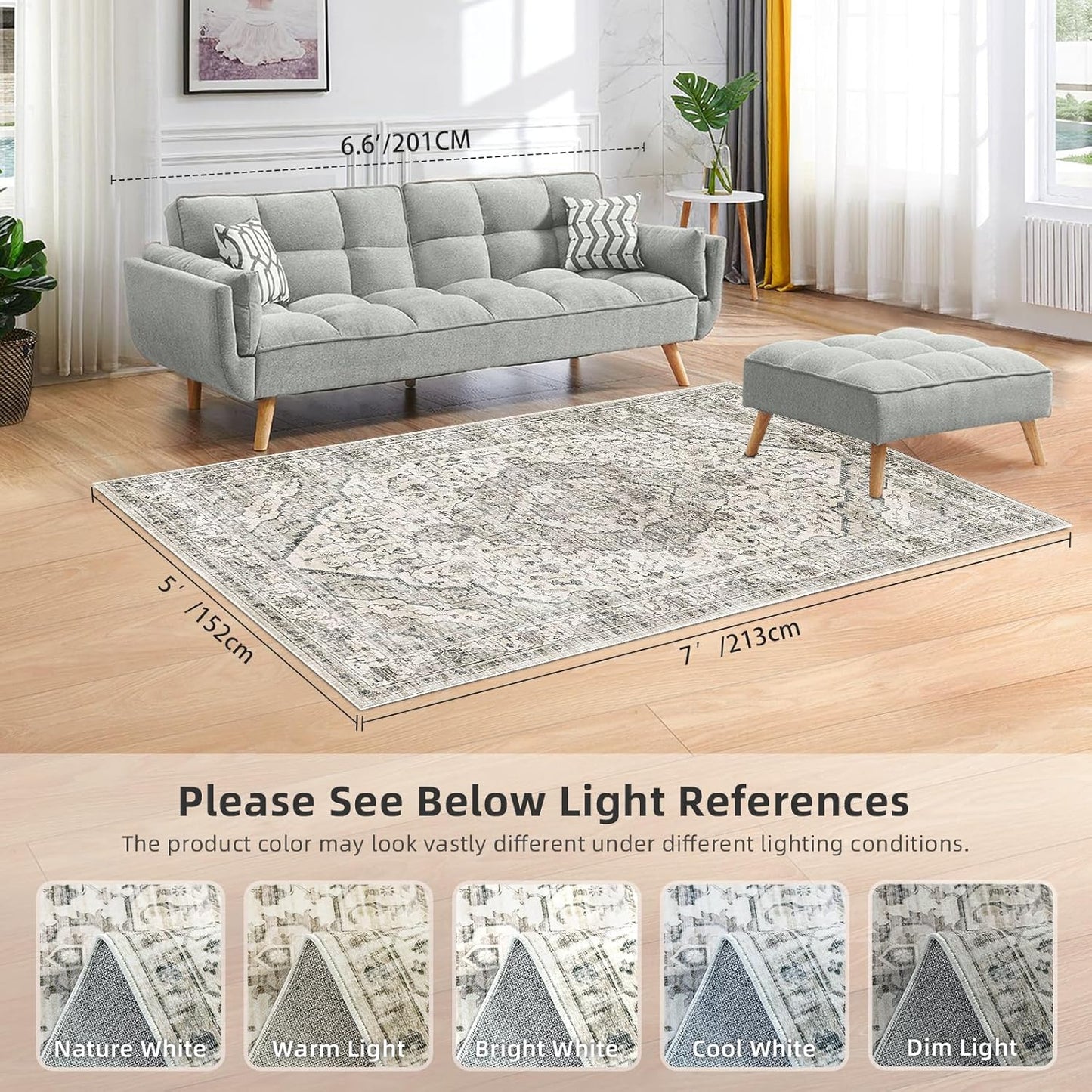 Deerly Washable Area Rugs 5x7 Cream Rug for Living Room Bedroom Dining Room, Low-Pile Kid & Pet Friendly Distressed Carpet Print Floor Rug Non Slip Rug(Border Cream)