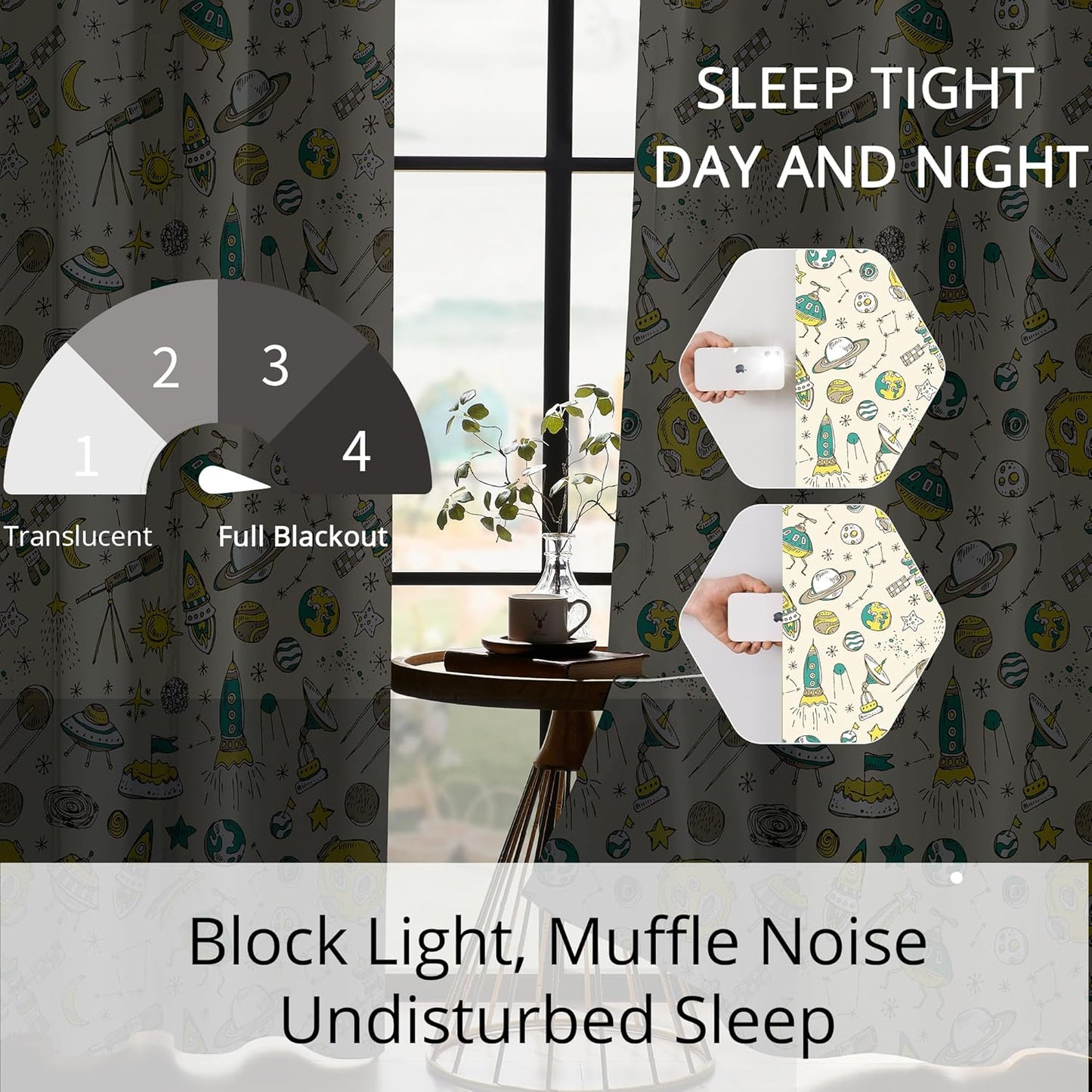 Kids Space UFO and Rocket Blackout Curtains - 100% Blackout, Thermal Insulated, Noise Reducing, Perfect for Kids Room and Nursery, 2 Panels (Space Explorer Sketchbook, W52×L63)