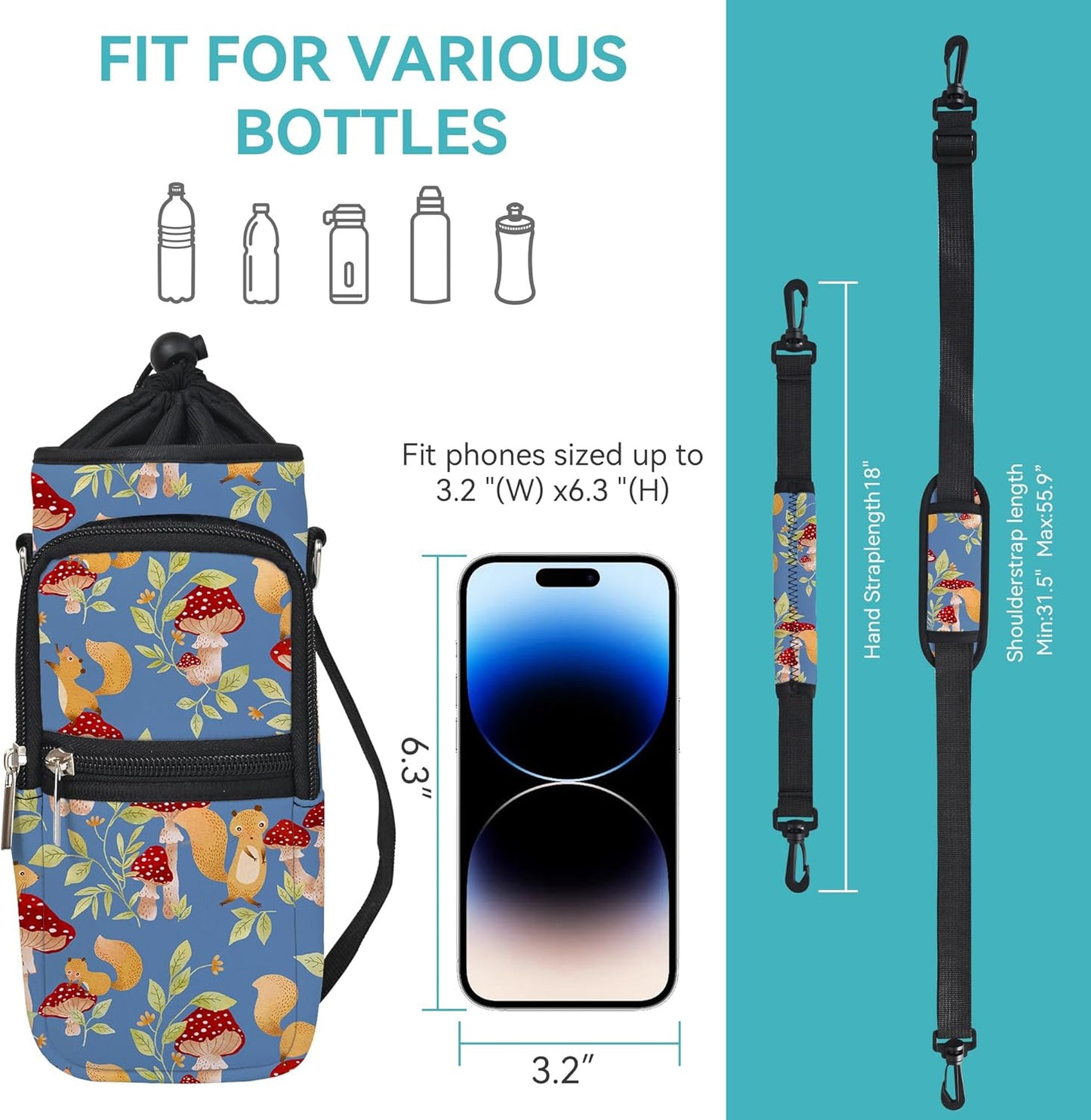 25/32/40/64oz Water Bottle Bag Holder Carrier-Insulated Crossbody Sling Case Sleeve with Strap & Pockets for Men Women Gym Cycling Travel Walking Hiking Camping