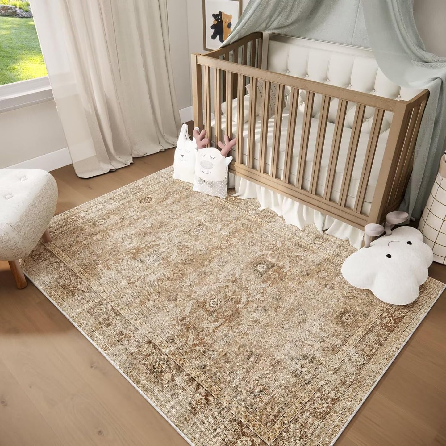 Washable 5x7 Area Rugs for Living Room, Boho Non-Slip Silicone Backing Rugs for Bedroom Dining Room Nursery Office, 0.3" Neutral Oriental Throw Carpet with 0.16" Cushioning Pad, Brown/Multi