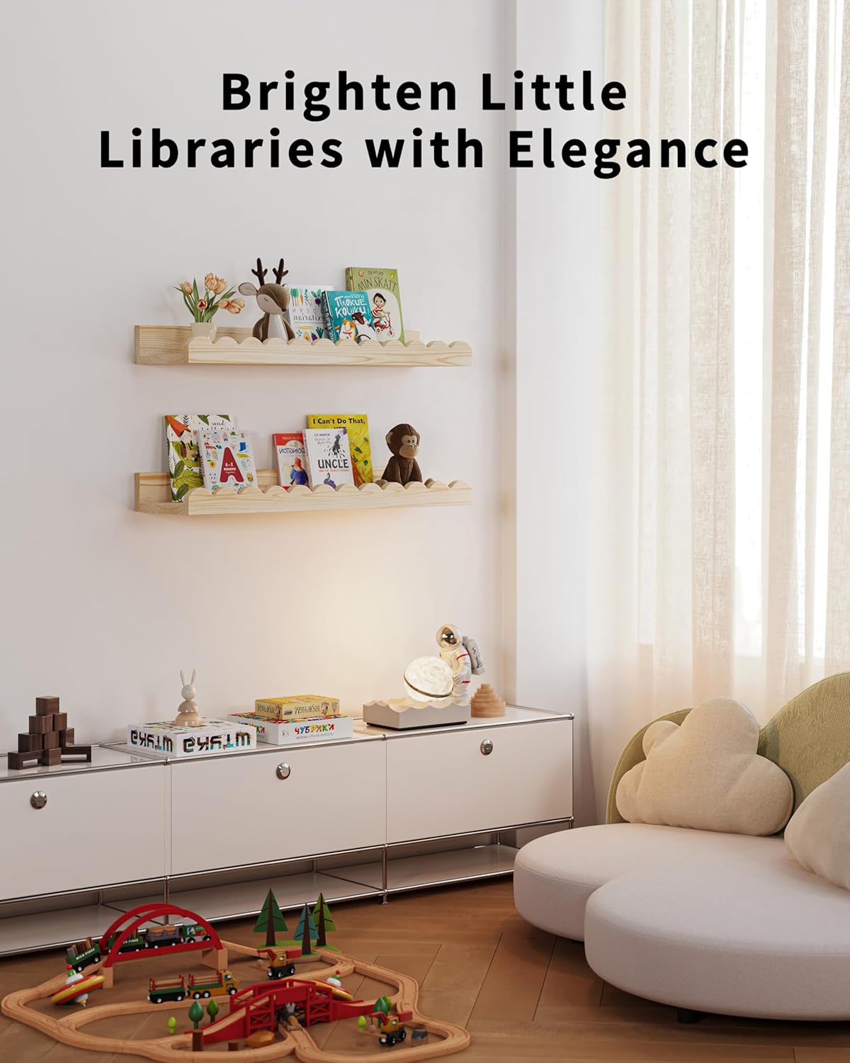 Nursery Book Shelves, 4-Pack Wood Floating Shelves for Wall Kids, Scalloped Shelves, Wall Book Shelves for Bedroom Kids, Toddler Room, Baby Room, Nursery Decor(Wood, 16.5 Inches)