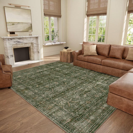 Washable 8x10 Area Rugs for Living Room, Boho Non-Slip Silicone Backing Rugs for Bedroom Dining Room Nursery Office, 0.3" Neutral Oriental Throw Carpet with 0.16" Cushioning Pad, Grass Green/Multi