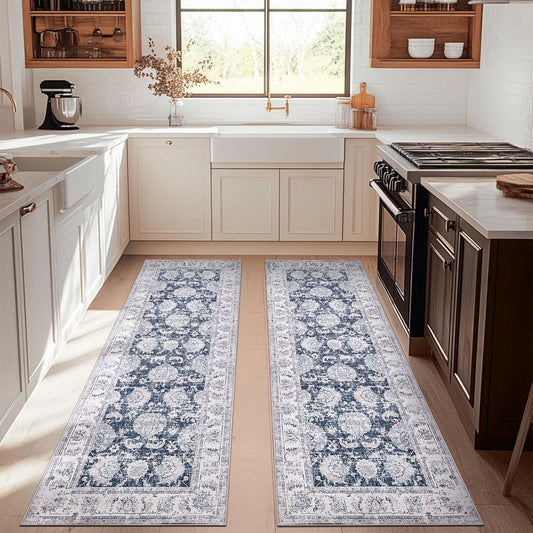 jinchan Runner Rug 3x10-2pcs Kitchen Washable Vintage Hallway Rug Floral Print Floor Cover Indoor Thin Retro Mat Accent for Bathroom Laundry Room Bedroom Office Farmhouse (Double,Dark Blue)
