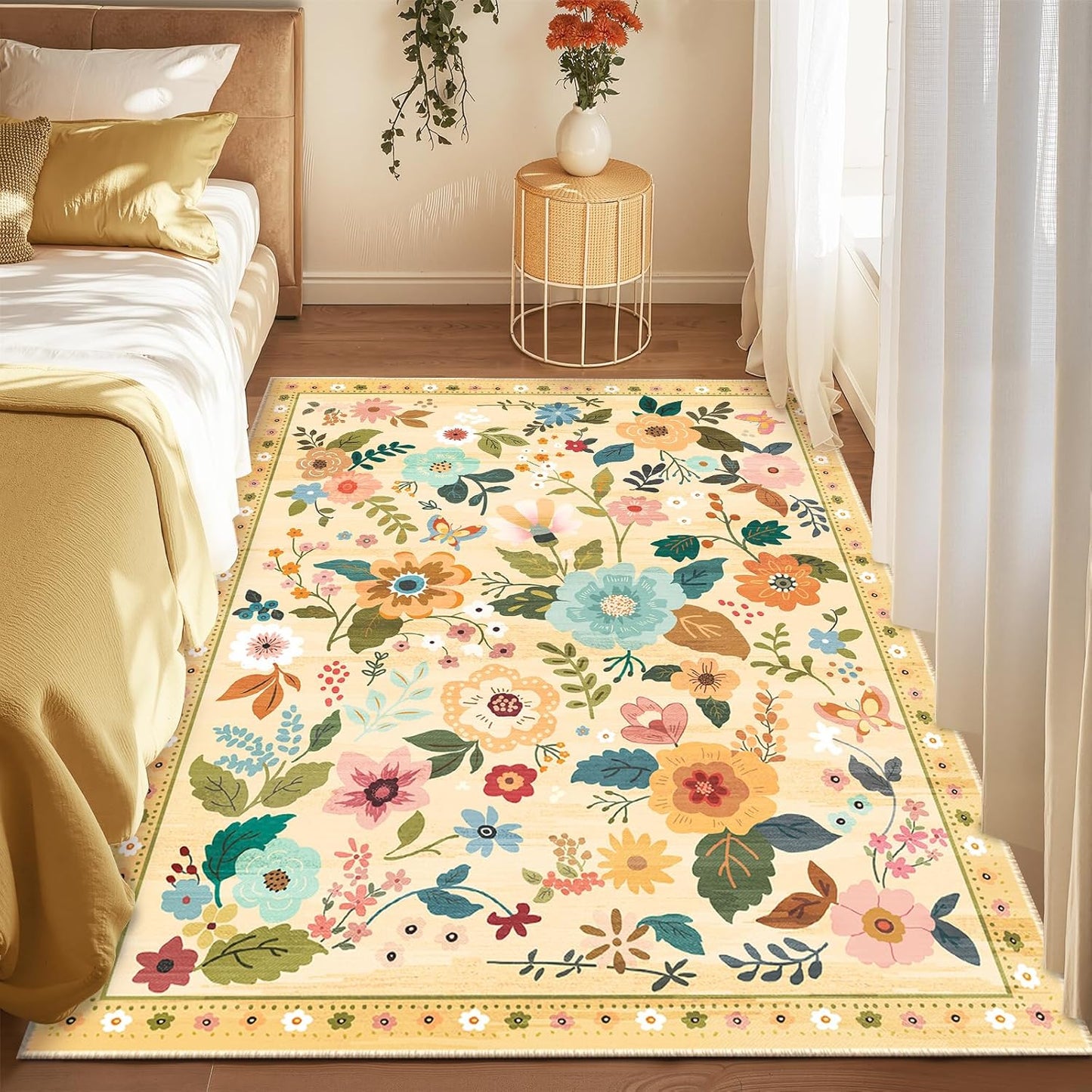 Floral 3x5 Area Rug Machine Washable Soft Print Boho Carpet Non Slip Doormat Low Pile Flower Area Rugs for Living Room Bedroom Nursery Kitchen Dining Room Indoor-Ivory/Yellow
