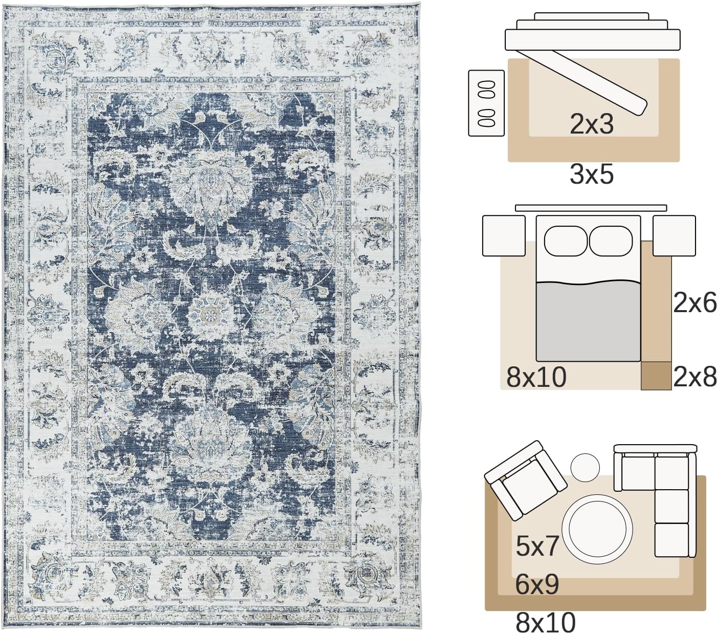 jinchan 10x12 Area Rugs for Living Room - Machine Washable Vintage Floral Distressed Design Stain Resistant Carpet Low Pile Non-Slip Large Rug for Bedroom Dining Room Home Office (10‘x12',Dark Blue)