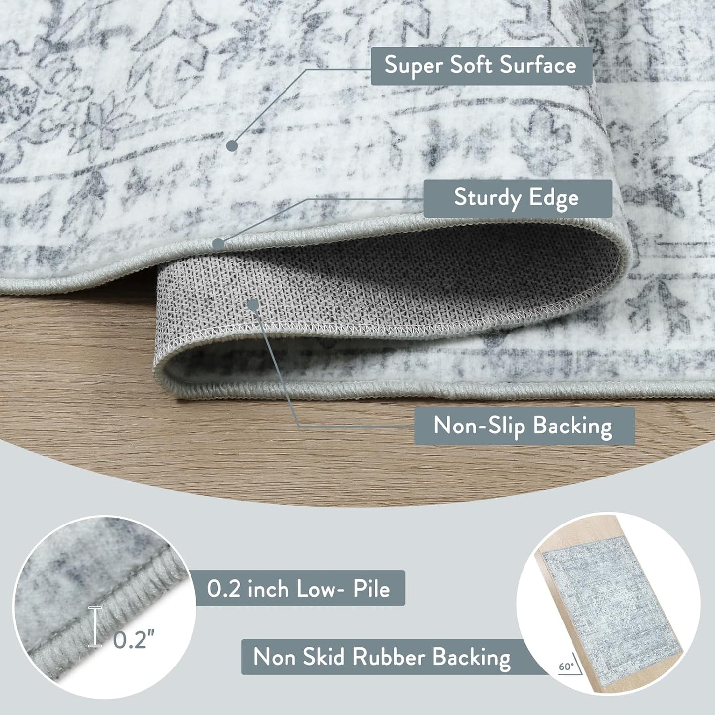 LIVEBOX Washable Area Rug 6x9 Rugs for Living Room Dining Room Under Table, Non-Slip Boho Neutral Carpet for Bedroom, Low-Pile Farmhouse Soft Carpets for Nursery Room Playroom, Grey