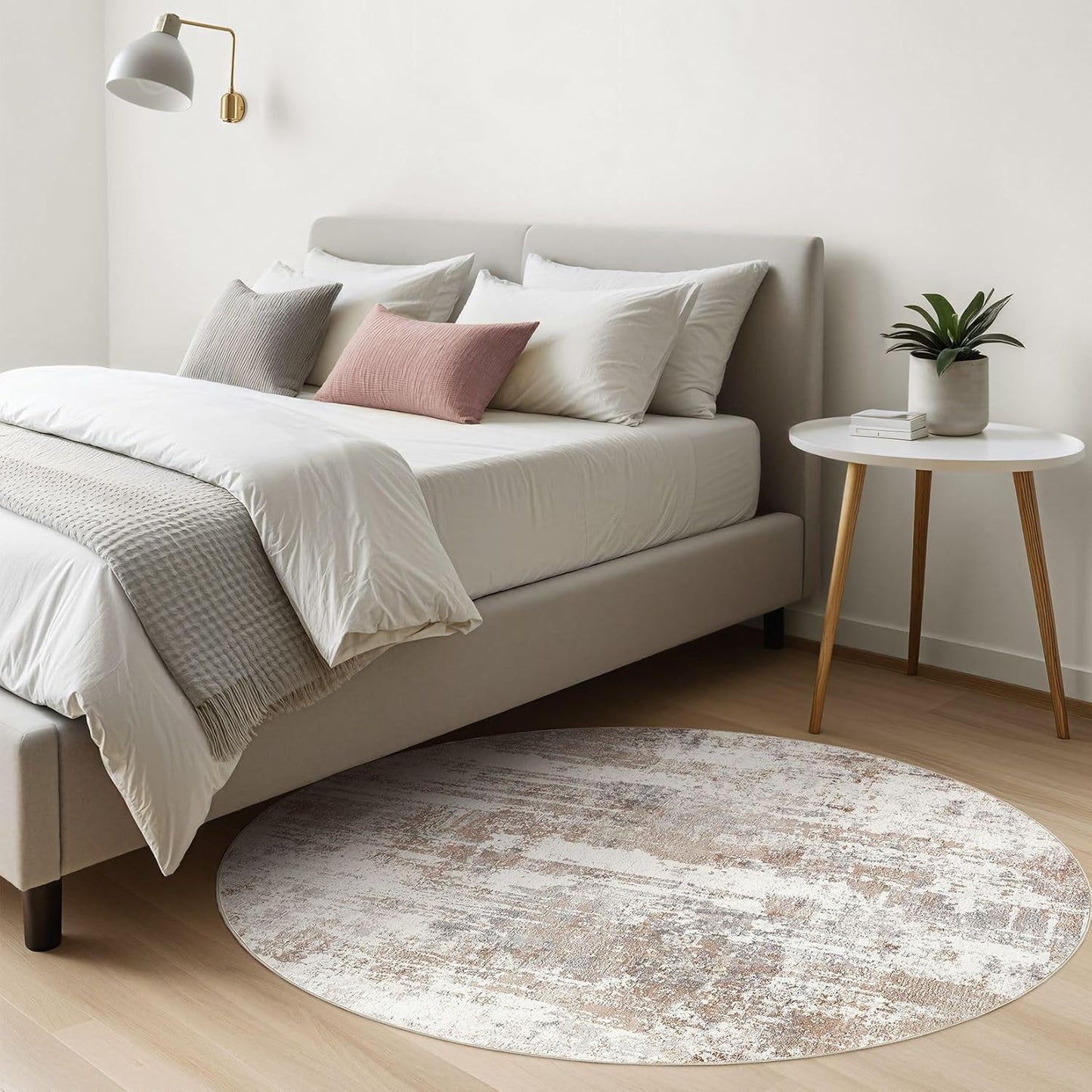 Round Rug Living Room Rugs: 5Ft Washable Circle Large Abstract Modern Soft Stain Resistant Non Slip Indoor Floor Carpet for Bedroom Nursery Office Dining Room Dorm Home House Decor- Brown