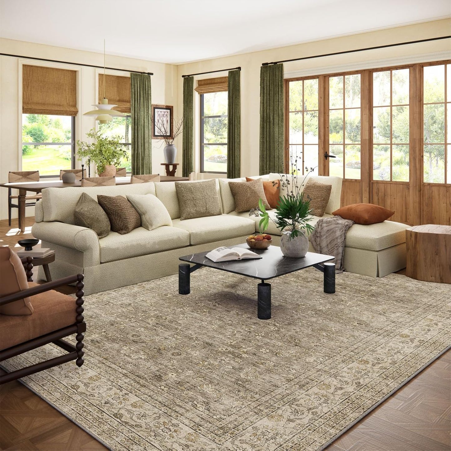 Machine Washable Rugs for Living Room: 9x12 Area Rugs for Bedroom Vintage Stain Resistant Non Slip Low Pile Lightweight Boho Carpet for Kitchen Dining Room Farmhouse Kids Room Nursery