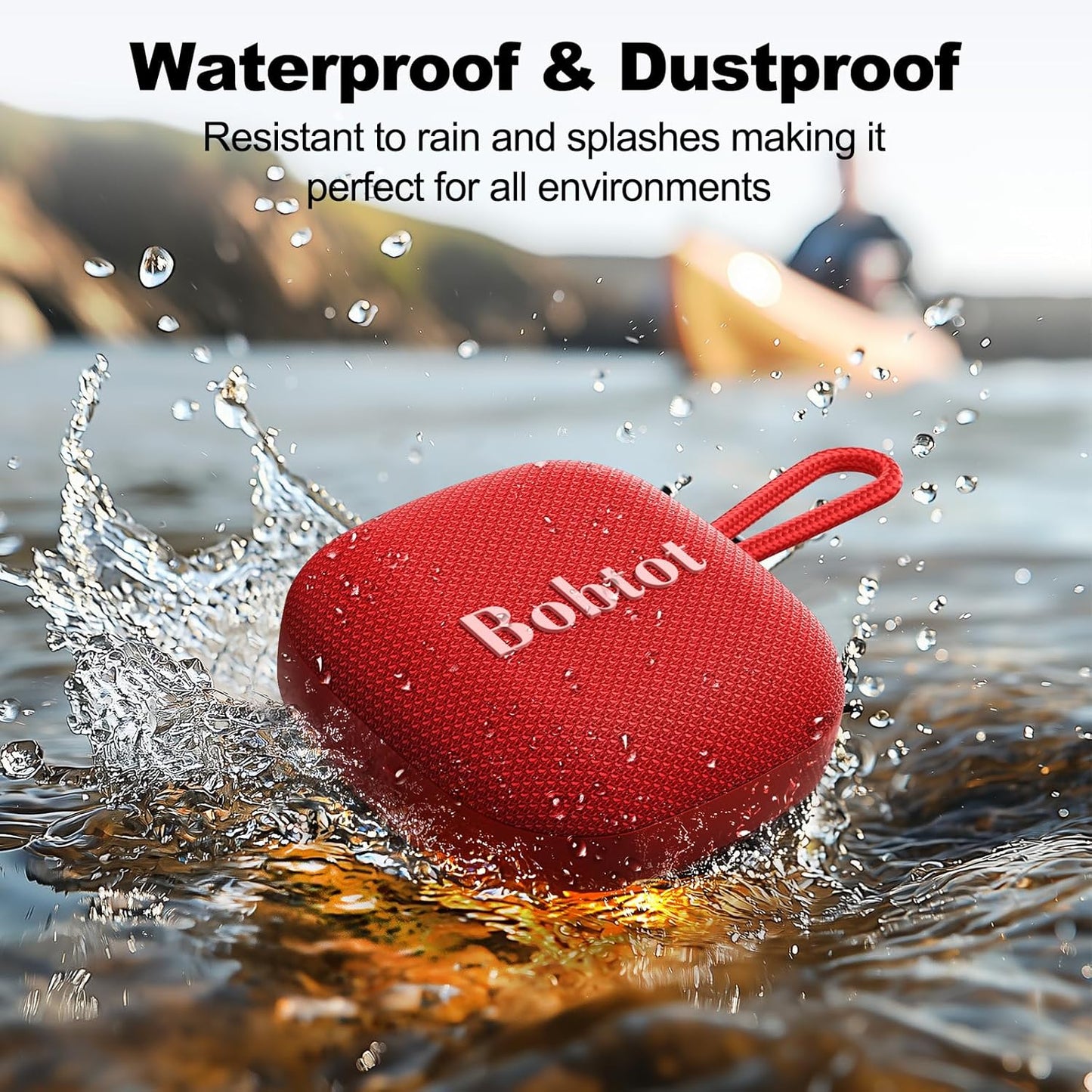 Bobtot Portable Bluetooth Speakers Wireless - IPX7 Waterproof Shower Speaker with 16 Hours Playtime, Loud Stereo Sound, TWS, Built-in Mic, Mini Size with Lanyard to Carry, Red