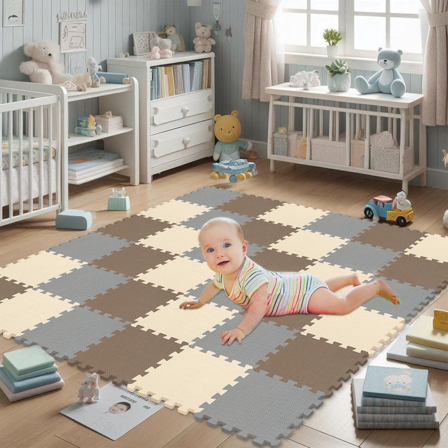 qqpp EVA Rubber 18 Tiles Interlocking Puzzle Foam Floor Mats - Baby Play Mat for Playing | Exercise Mat for Home Workout. Brown, Beige, Gray. QC-FJLb18N
