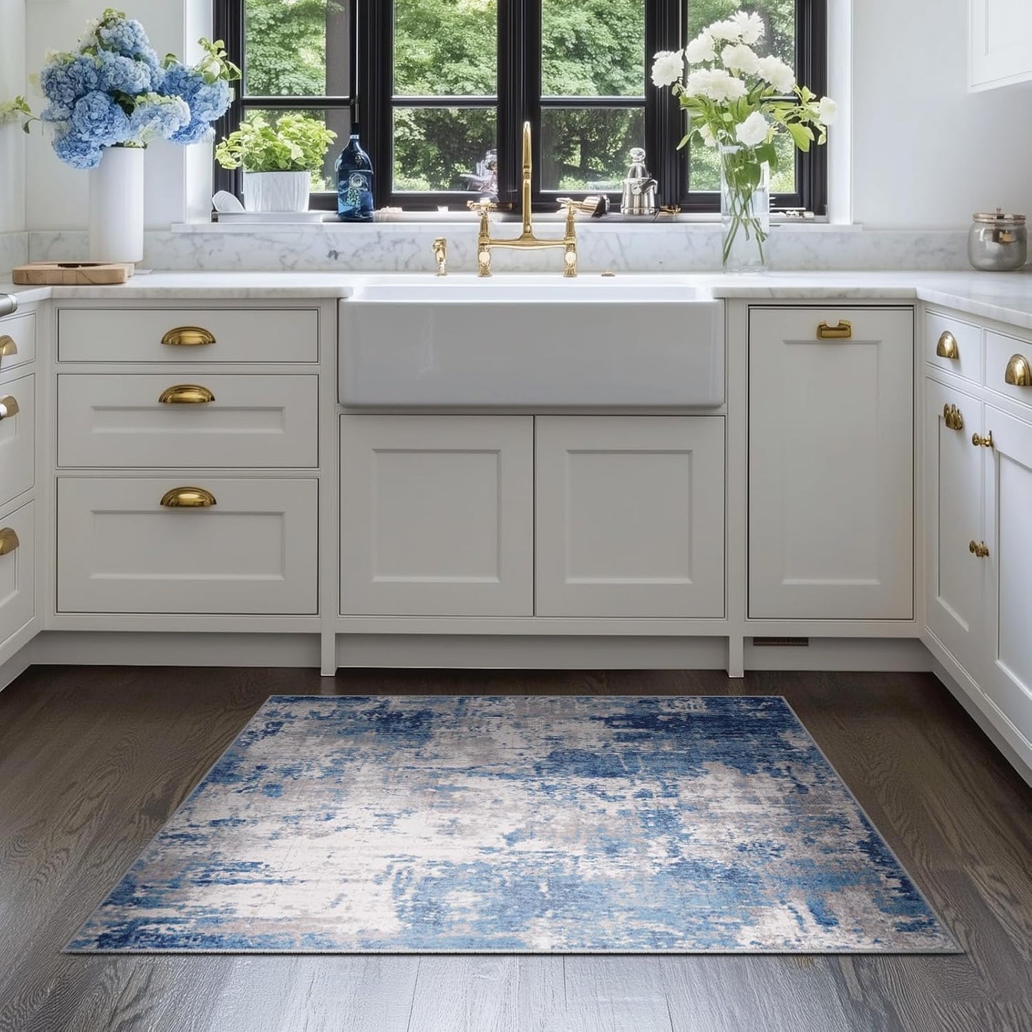 Washable Area Rugs 3'x5' Non-Slip Modern Abstract Soft for Living Room Entryway Bedroom Nursery, Print Pattern, Blue Grey Navy Gray