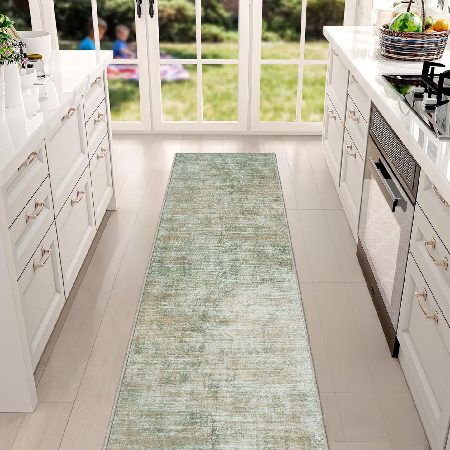 Washable Modern Abstract Kitchen & Hallway Runner Rug, 2'6''x8', Green with Non-Slip Backing