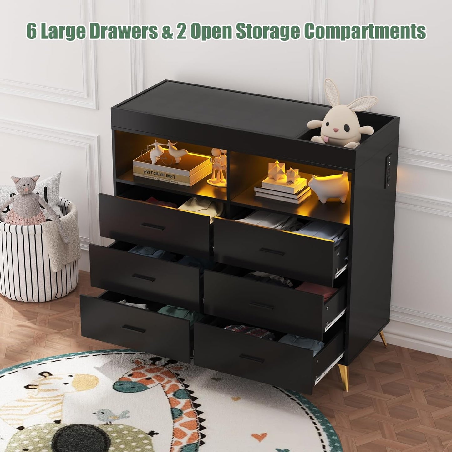 GarveeHome Dresser for Bedroom with 6 Drawers, Baby Changing Table Dresser with Changing Pad, LED Lights & Charging Station, Baby Changing Station with Changing Table Top, Black