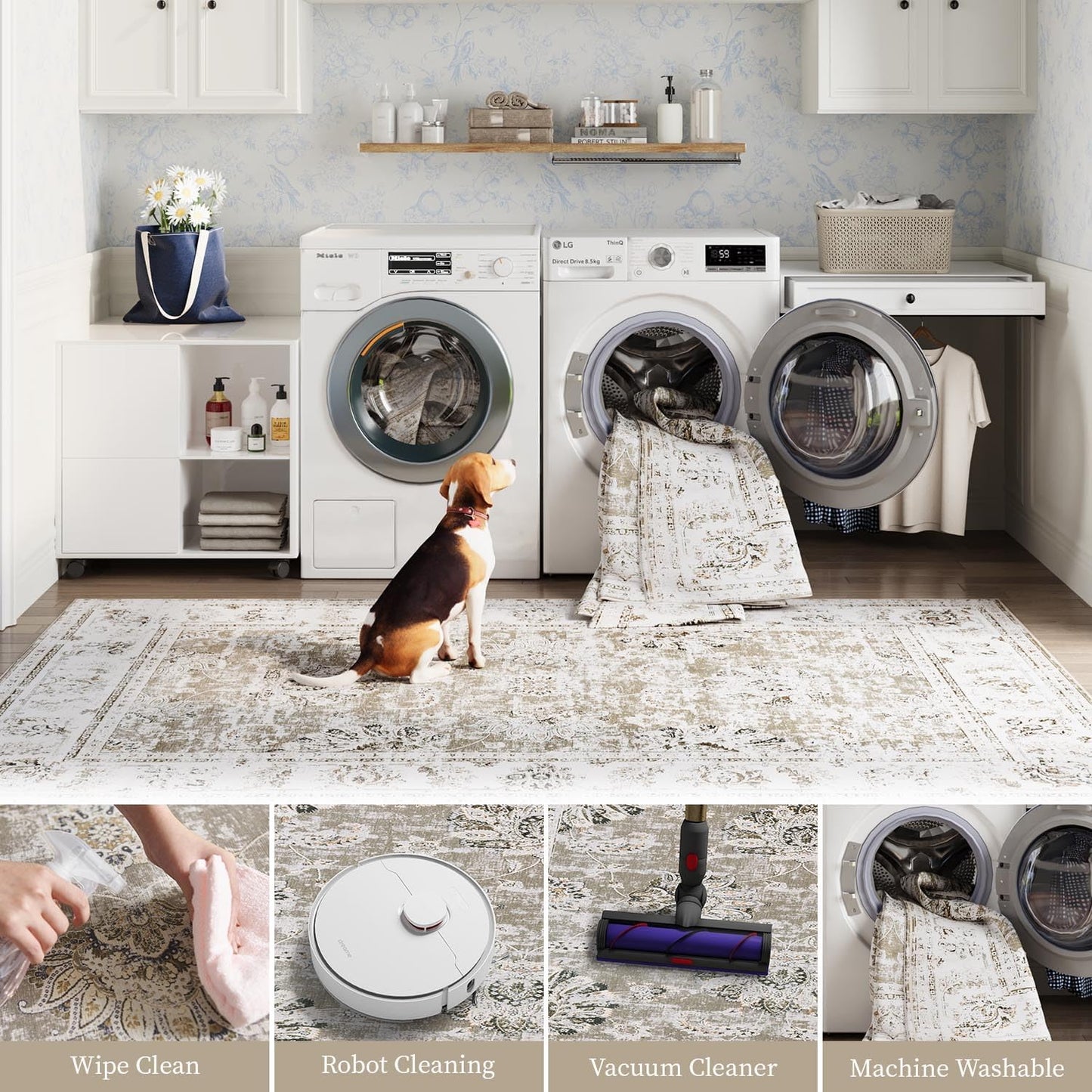 jinchan Vintage Floral 5x7 Area Rugs for Bedroom - Machine Washable Distressed Design Stain Resistant Boho Carpet Ultra-Thin Low Pile Non-Slip Rug for Living Room Dining Room Kitchen (5‘x7',Taupe)