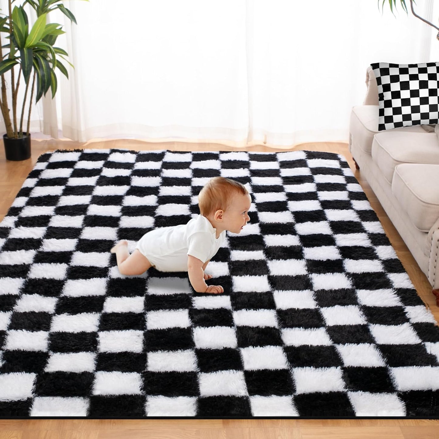 Super Soft Rug for Bedroom, 4x6 Ft Black and White Area Rug Classic Checkered Shaggy Anti-Skid High Pile Soft Fluffy Rug Fuzzy Carpet for Living Room Bedroom Kids Room Nursery, Dorm Home Decor