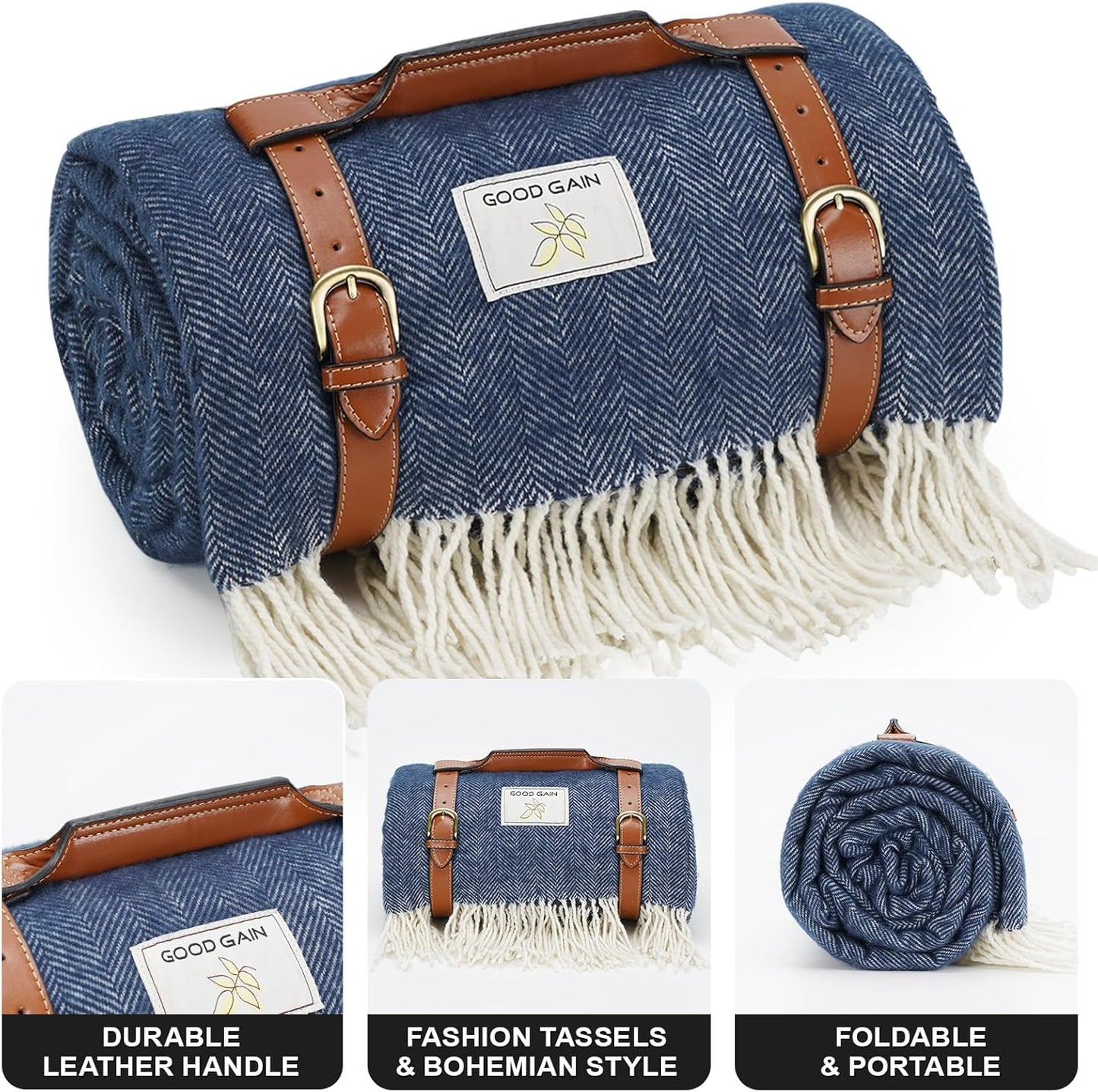 Waterproof Picnic Blankets- Extra Large Outdoor Blanket Foldable, Beach Blanket with PU Handles, Sandproof Picnic Mat for Hiking, Camping, Lawn, Park, Grass. Blue