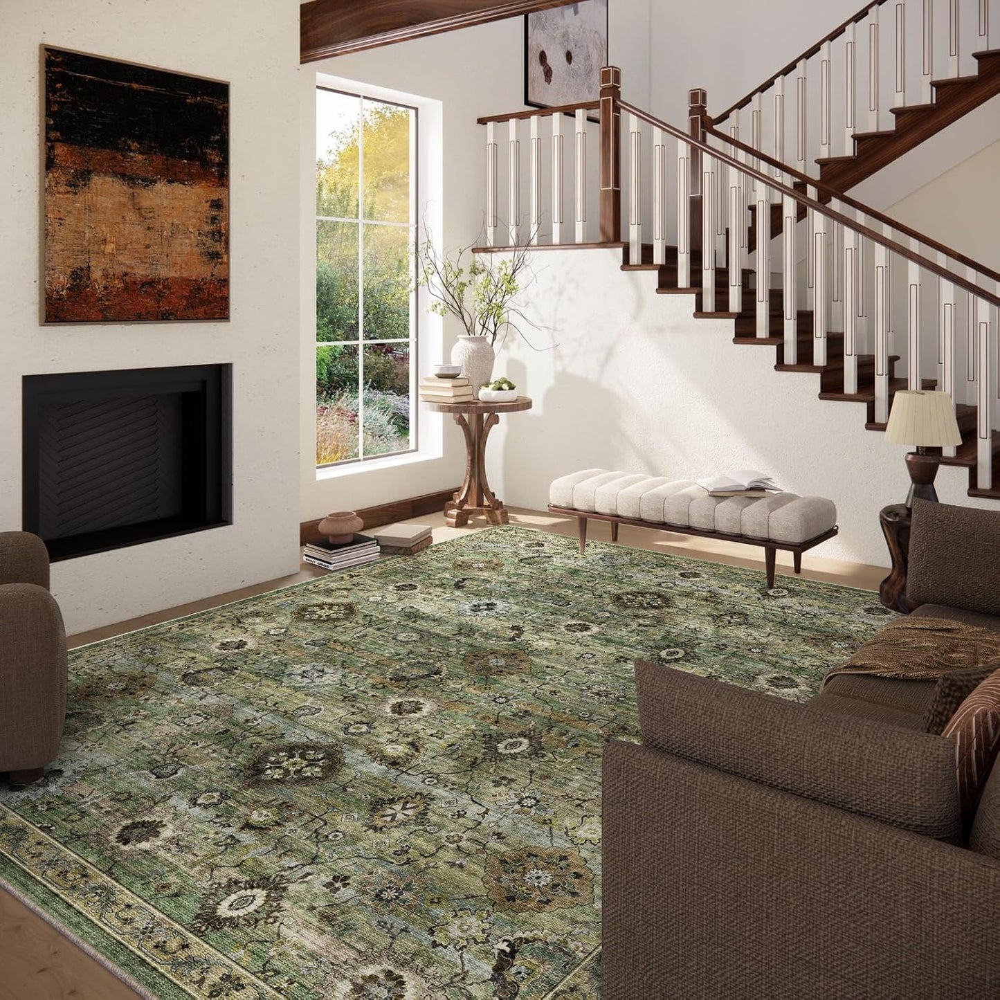 Washable Area Rugs for Living Room: 5x7 Rug Boho Vintage Rugs Stain Resistant Non Slip Low Pile Lightweight Soft Carpets for Bedroom Kitchen Dining Room Nursery Kids Room Farmhouse Home Office