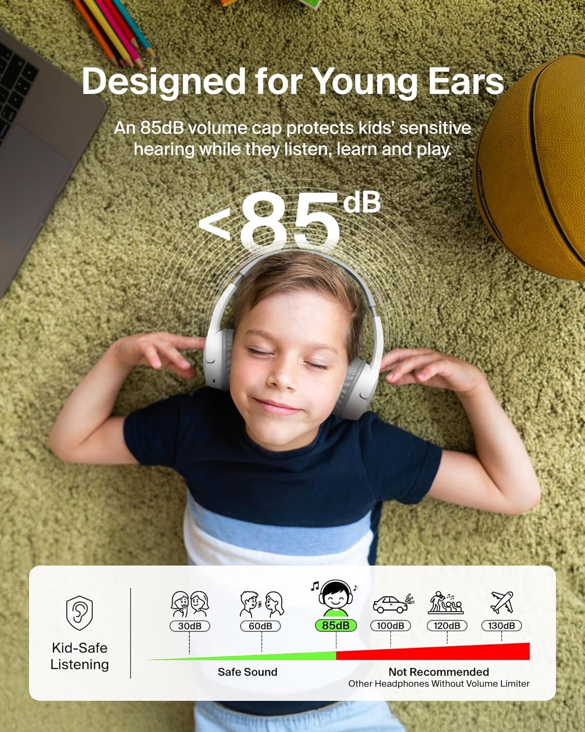 Belkin SoundForm Mini Kids Wireless Headphones w/Built-in Microphone, 30H of Playback Time, Fun Stickers, & Case - Over-Ear Headsets for Online Learning, School, iPhone, iPad, Galaxy, & More - White