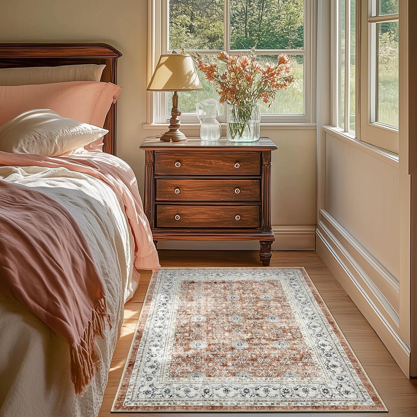 jinchan Washable Area Rug 3x5 Entryway Low Pile Boho Floral Print Rug Faux Wool Soft Indoor Doormat Stain Resistant Non-Slip Ultra-Thin Rug Kitchen Living Room Bedroom Dining Room Office Orange