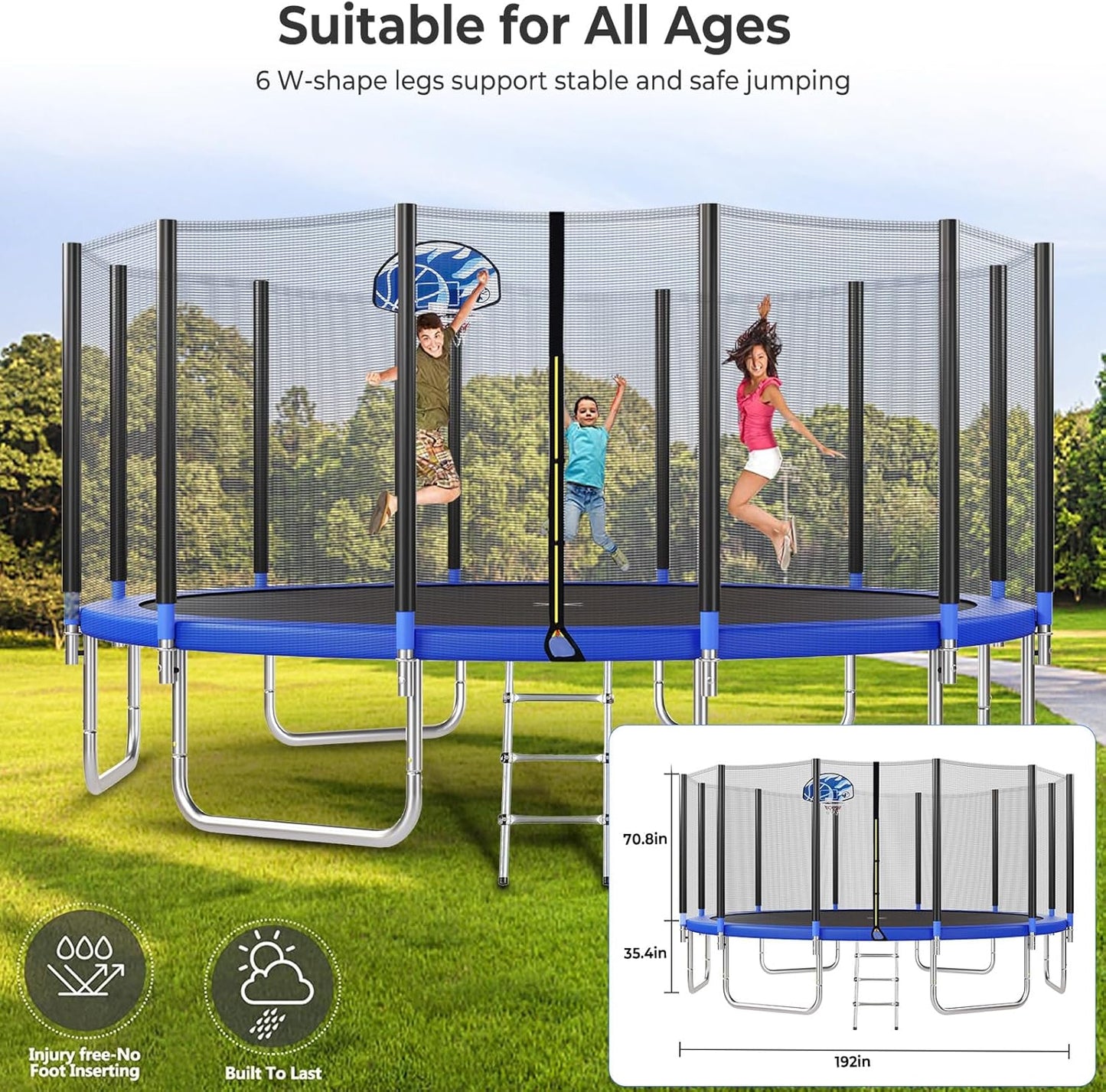 Upgraded 10/12/14/15/16FT Trampoline Outdoor, Large Kids Trampoline with Light, Stakes, Sprinkler, Backyard Trampoline with Basketball Hoop and Net, Capacity for 4-6 Kids and Adults
