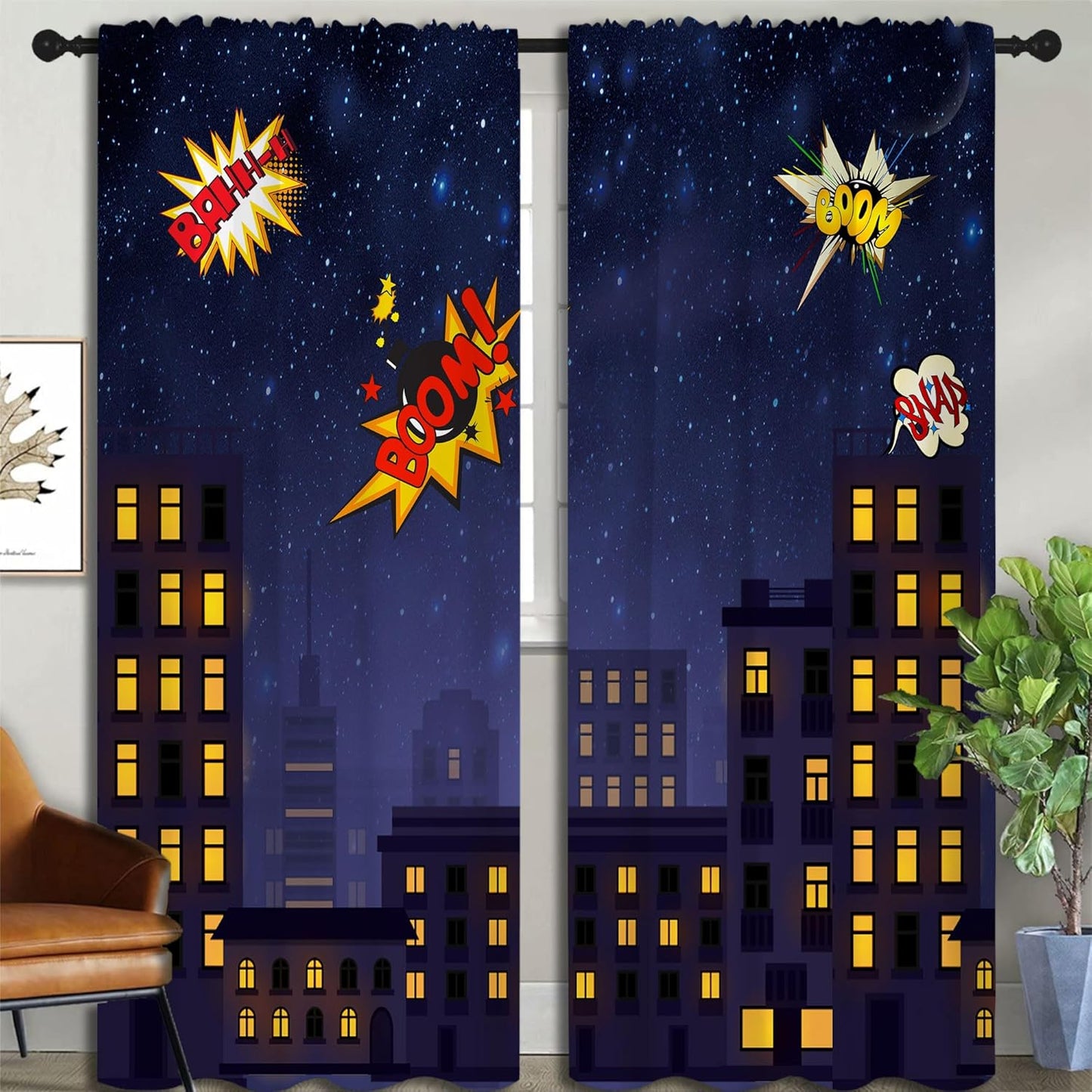 Super Hero Rod Pocket Blackout Curtains for Boy Girl Bedroom, Exploding City Starry Cartoon Skyline Thermal Insulated Home Window Drapes for Living Room Darkening, 84x72 inch