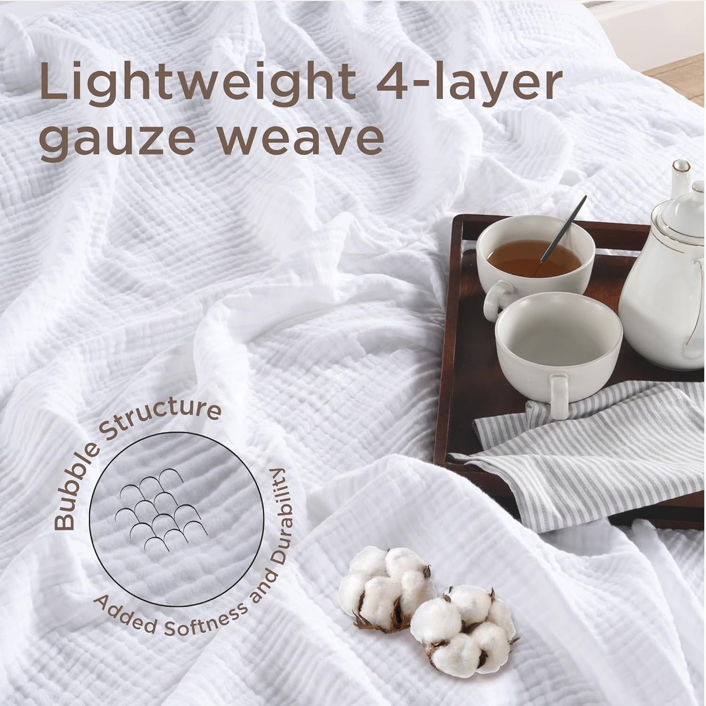 Threadmill Summer Muslin King Size Blanket | 4 Layer 100% Cotton Gauze Blanket | Lightweight, Soft, and Breathable Muslin Blanket for All Seasons | White