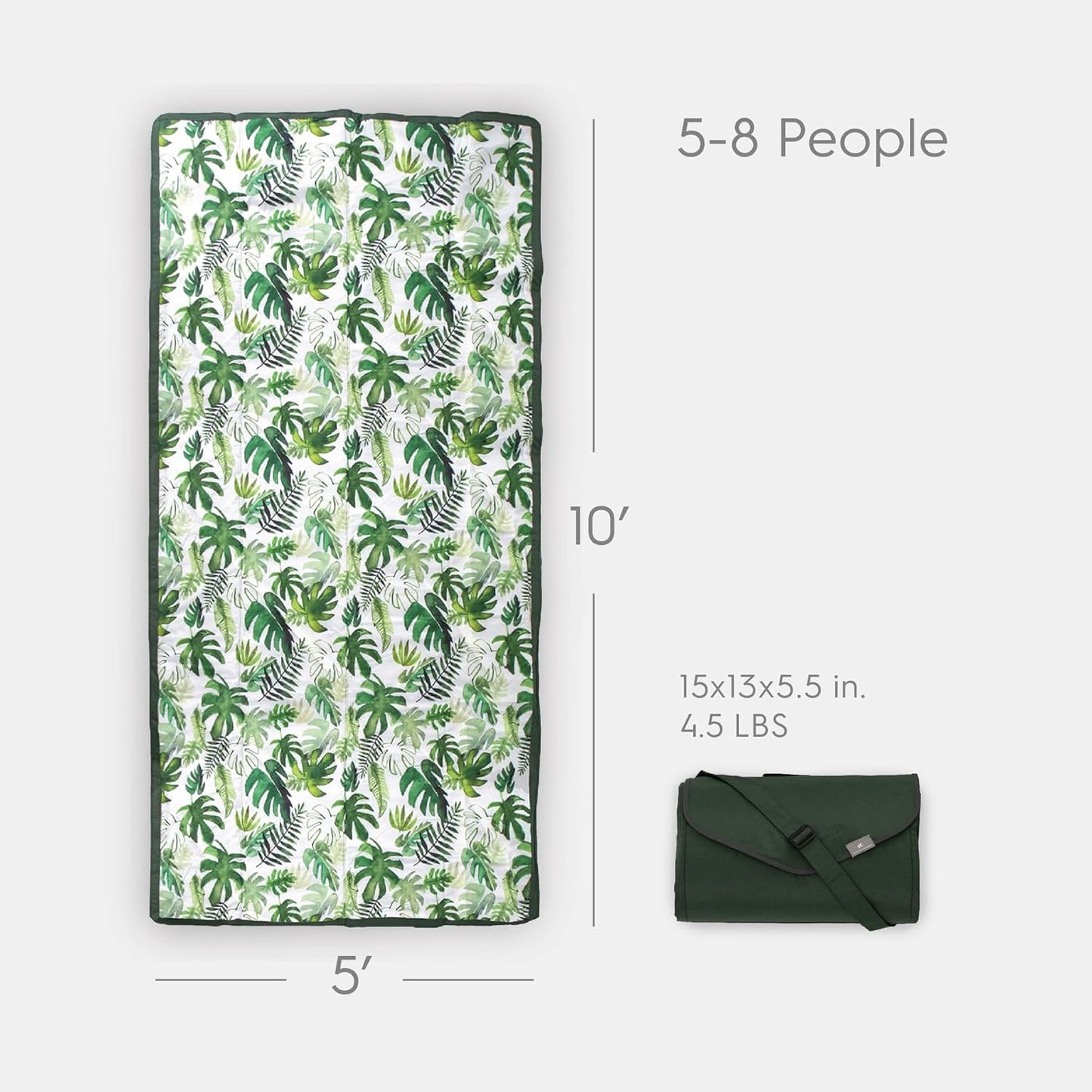 Little Unicorn 5'x10' XL Outdoor Family Picnic & Beach Blanket | Durable & Water-Resistant Fabric | Compact Fold & Easily Wipes Clean | Zipper Pocket (Tropical Leaf)