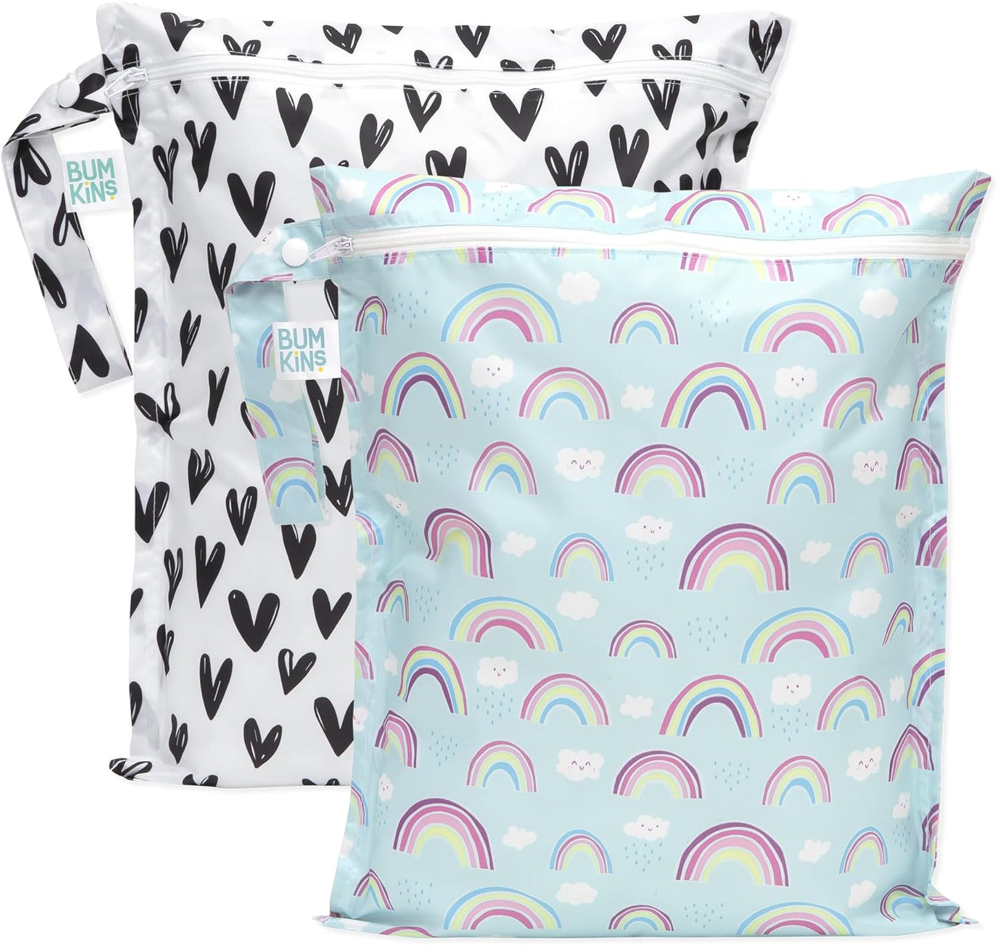 Bumkins - Waterproof Wet Bag - For Baby, Travel, Swim Suit, Cloth Diapers, Pump Parts, Pool, Gym, Toiletry, Strap to Stroller - Reusable & Easy to Clean - 2pk - Hearts & Rainbows