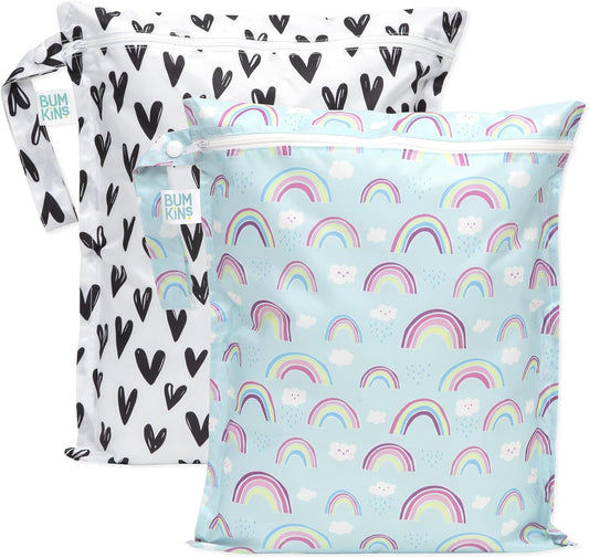 Bumkins - Waterproof Wet Bag - For Baby, Travel, Swim Suit, Cloth Diapers, Pump Parts, Pool, Gym, Toiletry, Strap to Stroller - Reusable & Easy to Clean - 2pk - Hearts & Rainbows