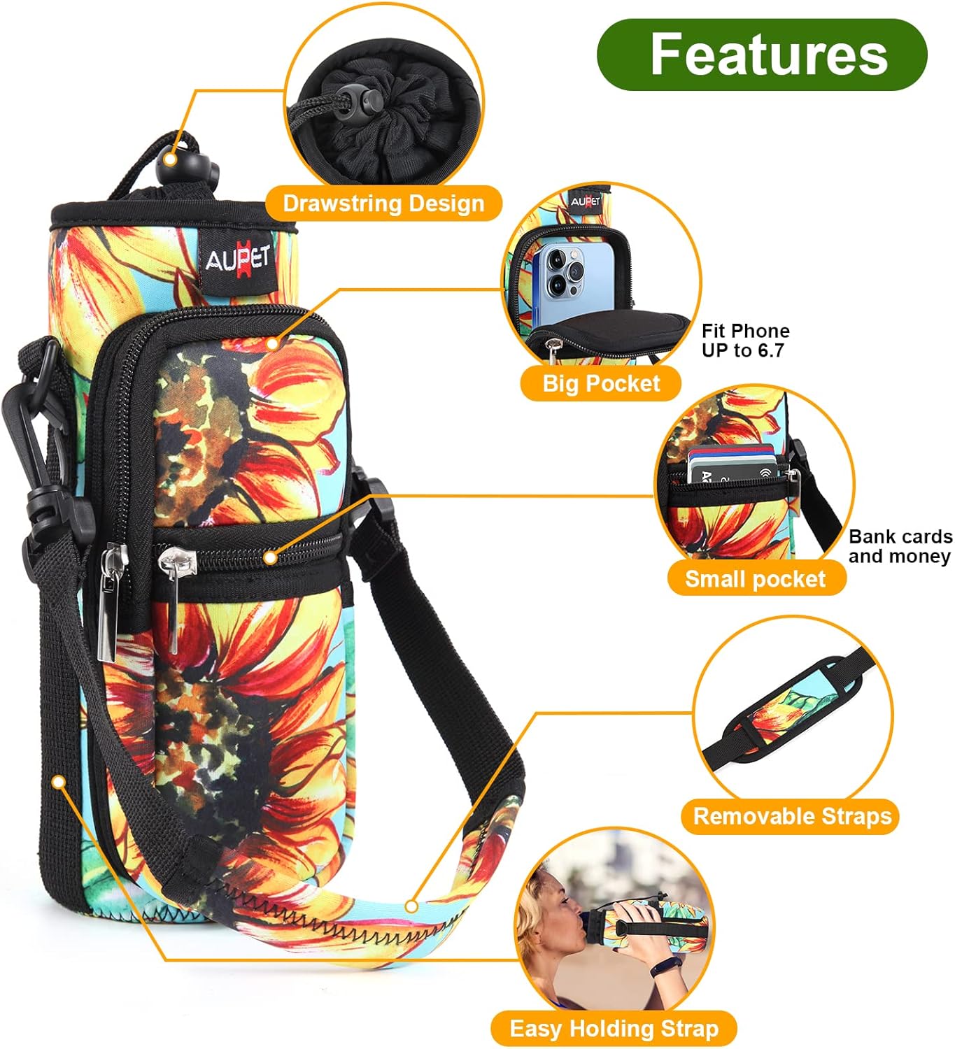 AUPET Water Bottle Sling Bag Sleeve Holder Carrier 25/32/40/64 oz,Insulated Crossbody Water Bottle Case Cover with Strap and Pockets for Men/Women Walking Hiking