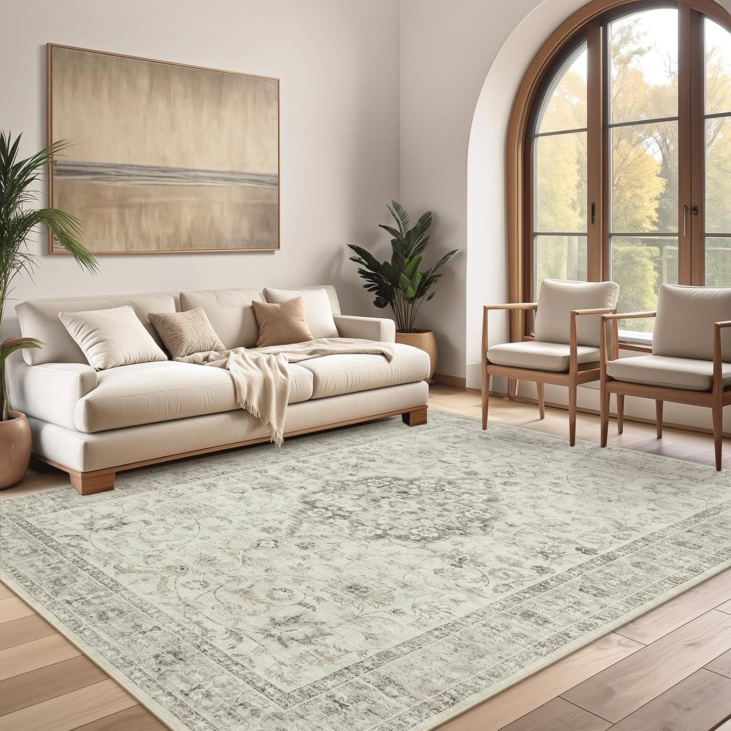 LIVEBOX Washable Area Rug 5x7 Rugs for Living Room Bedroom, Non-Slip Boho Indoor Carpet for Dining Room Office, Low-Pile Farmhouse Soft Carpets for Kids Nursery Room Playroom, Taupe