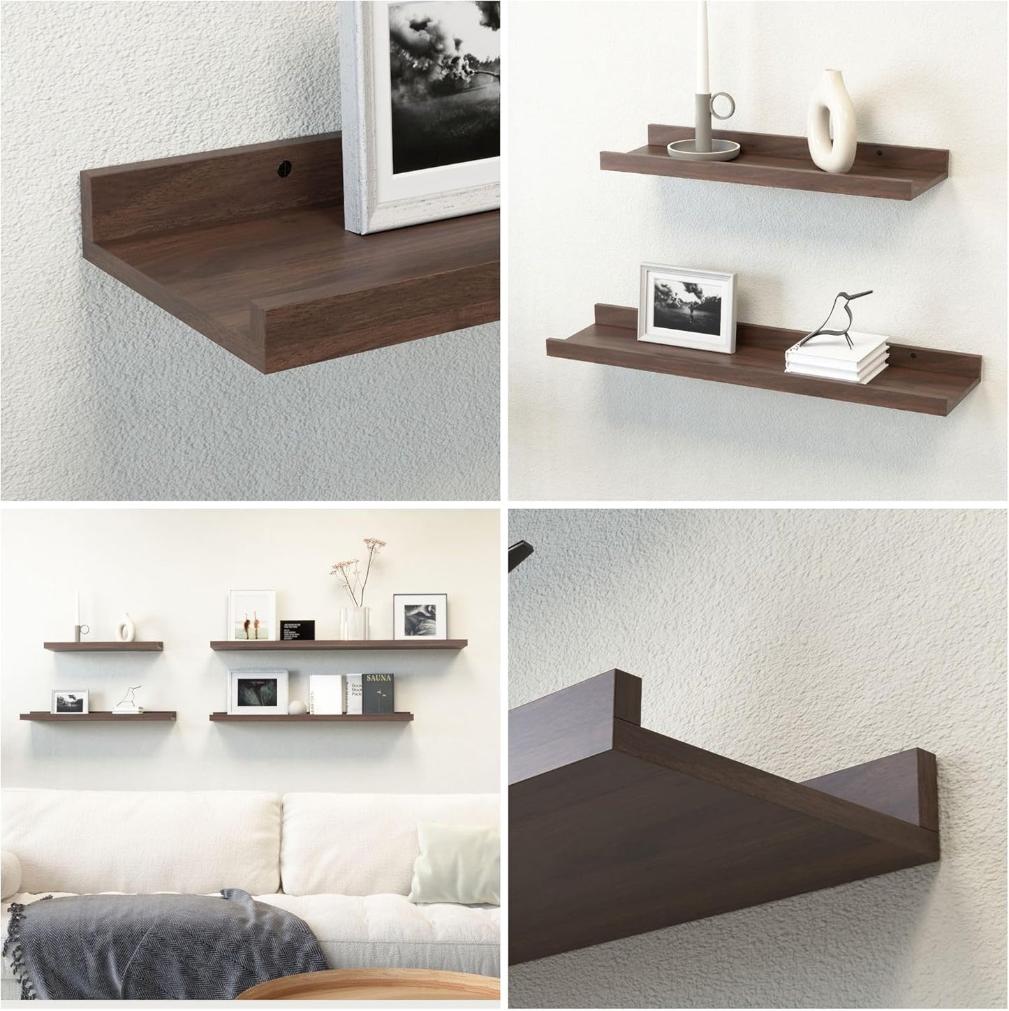 Floating Shelves Wall Mounted Set of 2, Farmhouse Wall Shelves for Storage with Lip, Display Picture Ledge Shelf for Wall Decor Bedroom Living Room Bathroom Kitchen - Walnut
