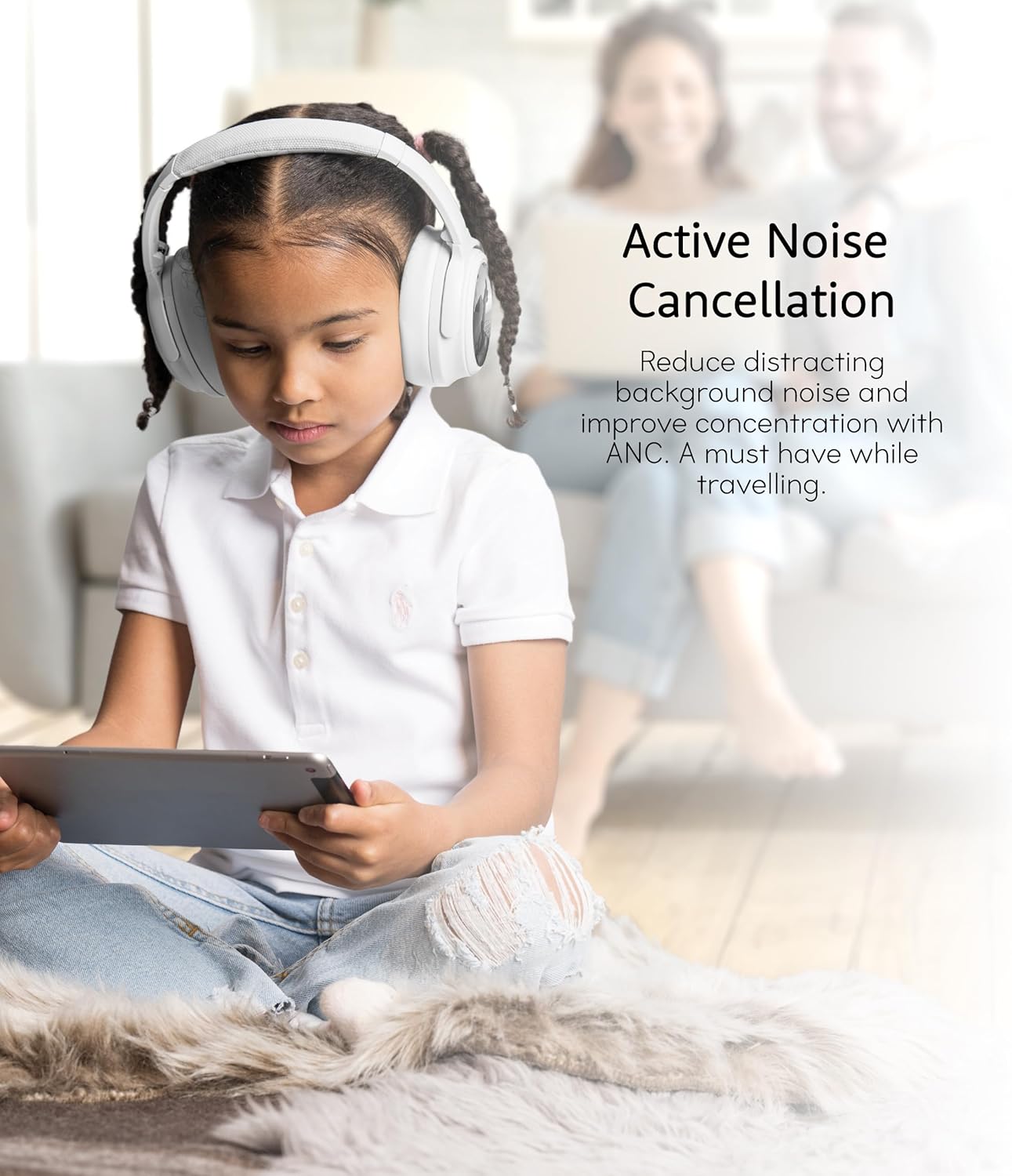 BuddyPhones Cosmos Fun | Wired or Wireless Foldable ANC Bluetooth Headphones + Microphone - SafeAudio Volume-Limiting Options, for Toddlers to Young Adults (White)