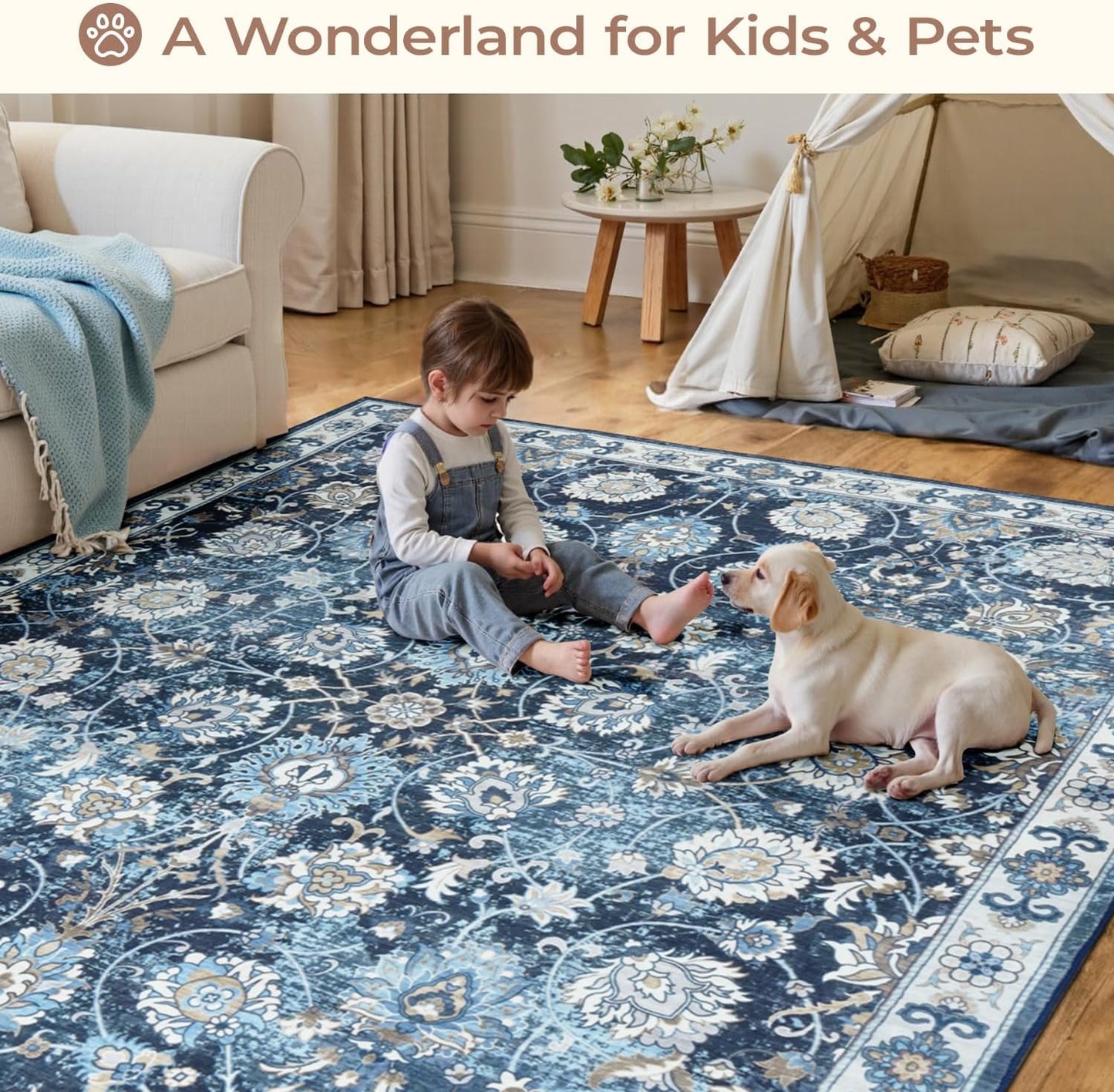 Floral Washable Area Rugs 5x7, Vintage Rug for Living Room, Large Bedroom Carpet, Non Slip Low Pile Ultra Soft Carpets for Indoor Dining Home Nursery Playroom Under Table, Blue Garden