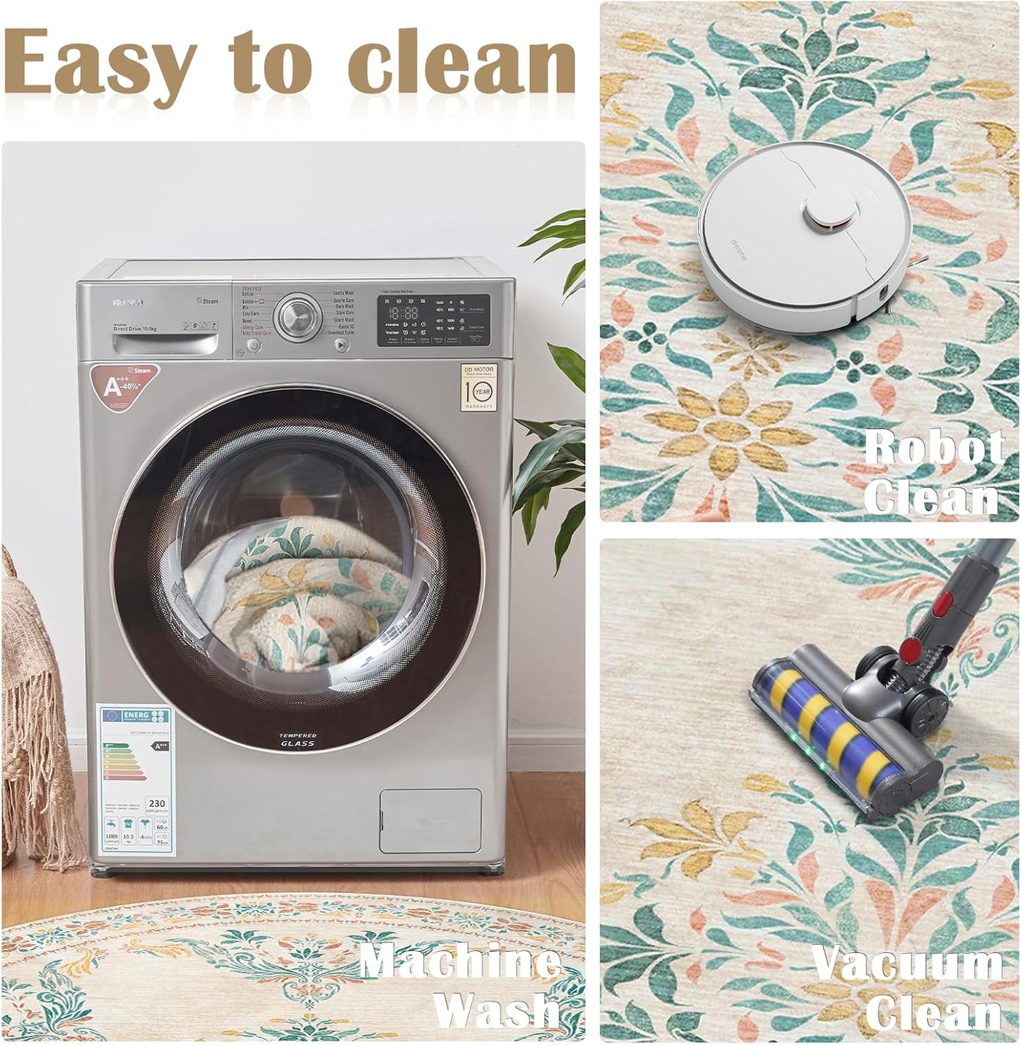 jinchan Round Rug 8ft Area Rugs,Vintage Floral Distressed Design Machine Washable Soft Non-Slip Low-Pile Ultra-Thin Circle Rug for Living Room Dining Room Bedroom Home Office (8' Round,Apricot Multi)