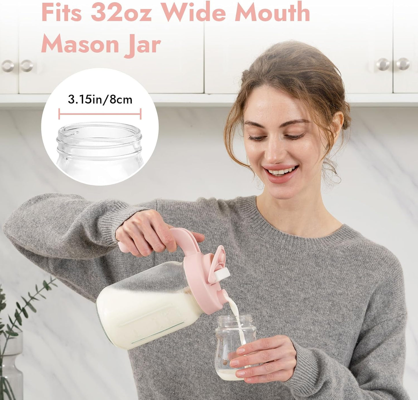 Papablic 32oz Wide Mouth Mason Jar Pour Spout Lid with Mixing Handle & Flip Locking Spout for Mixing Formula/Breastmilk/Protein Powder/Coffee, Pink