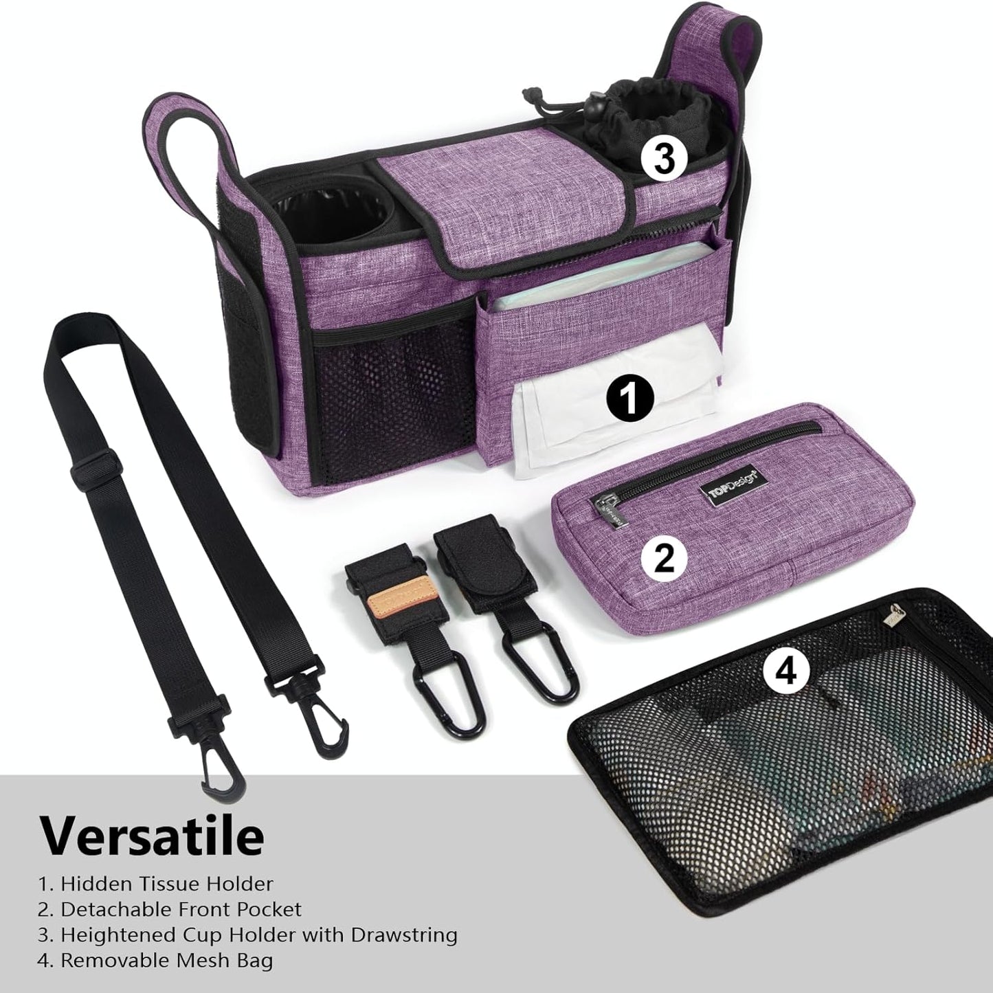 TOPDesign Universal Baby Stroller Organizer, Stroller Caddy with Detachable Mesh Bag & Heightened Insulated Cup Holders & Non-Slip Secure Hooks Accessories, Fits Most Strollers (Purple)