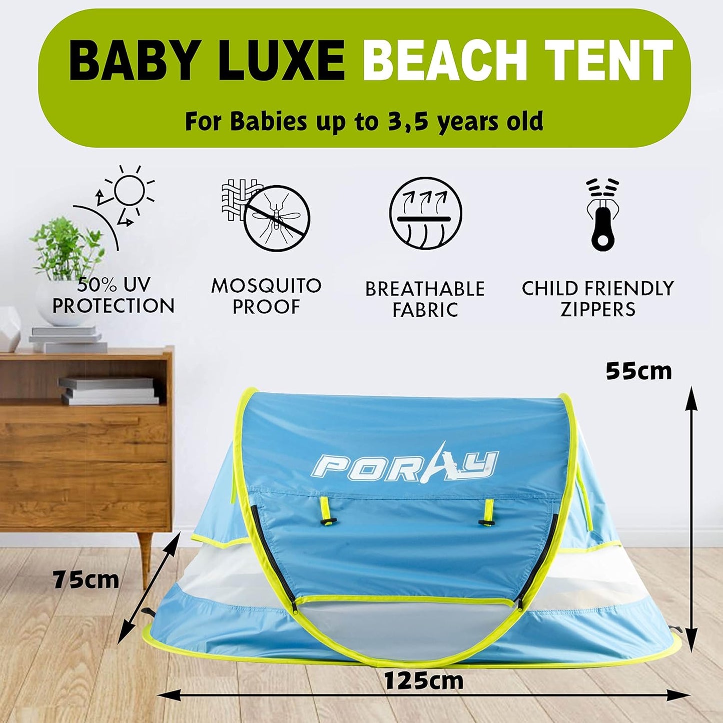 Poray Portable Baby Beach Tent with UPF 50+ Sun Shelter,Mosquito Net and Sunshade, Ideal Pop Up Kids Travel Tent with Carry Bag & 2 Stakes,Outdoor Indoor Play and Sun Protection