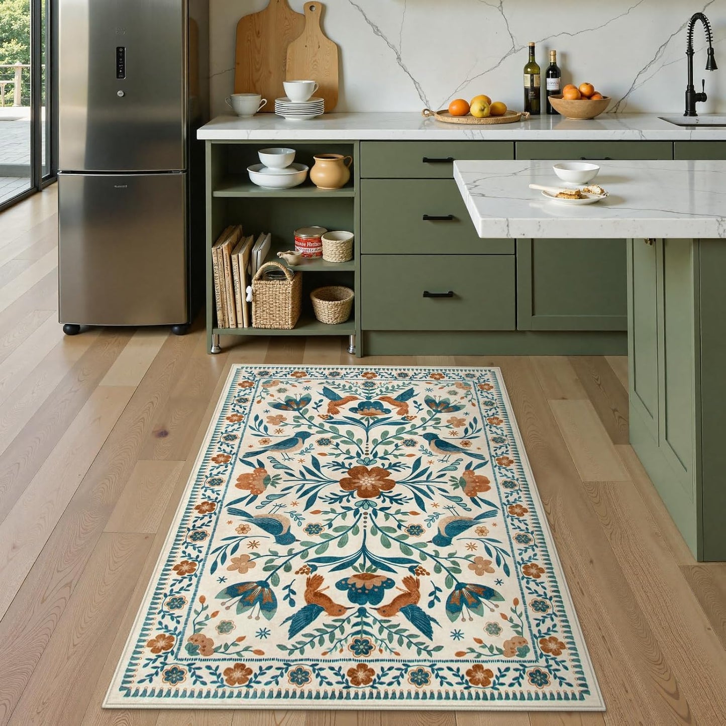 Moynesa Washable 3x5 Rug, Non Slip Kitchen Rugs Boho Bird Small Beige Living Room Area Carpet for Office Bedroom Bathroom, Indoor, Ultra Thin, Soft, Stain Resistant, Floral Entryway Mat