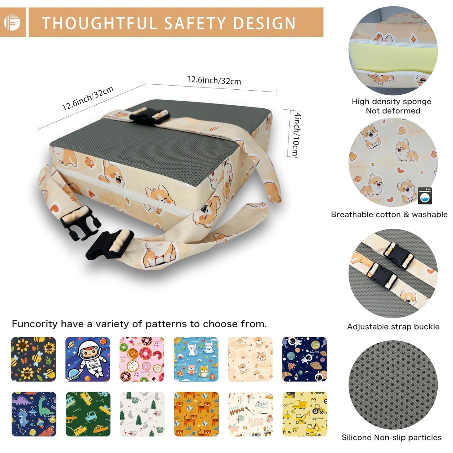 Toddler Booster Seat for Dining Table, Portable Booster Seat for Kitchen Chair, 4 Inch High-Density Foam Cushion with Adjustable Safety Straps and Non-Slip Bottom, Perfect for Kids Travel and Daily