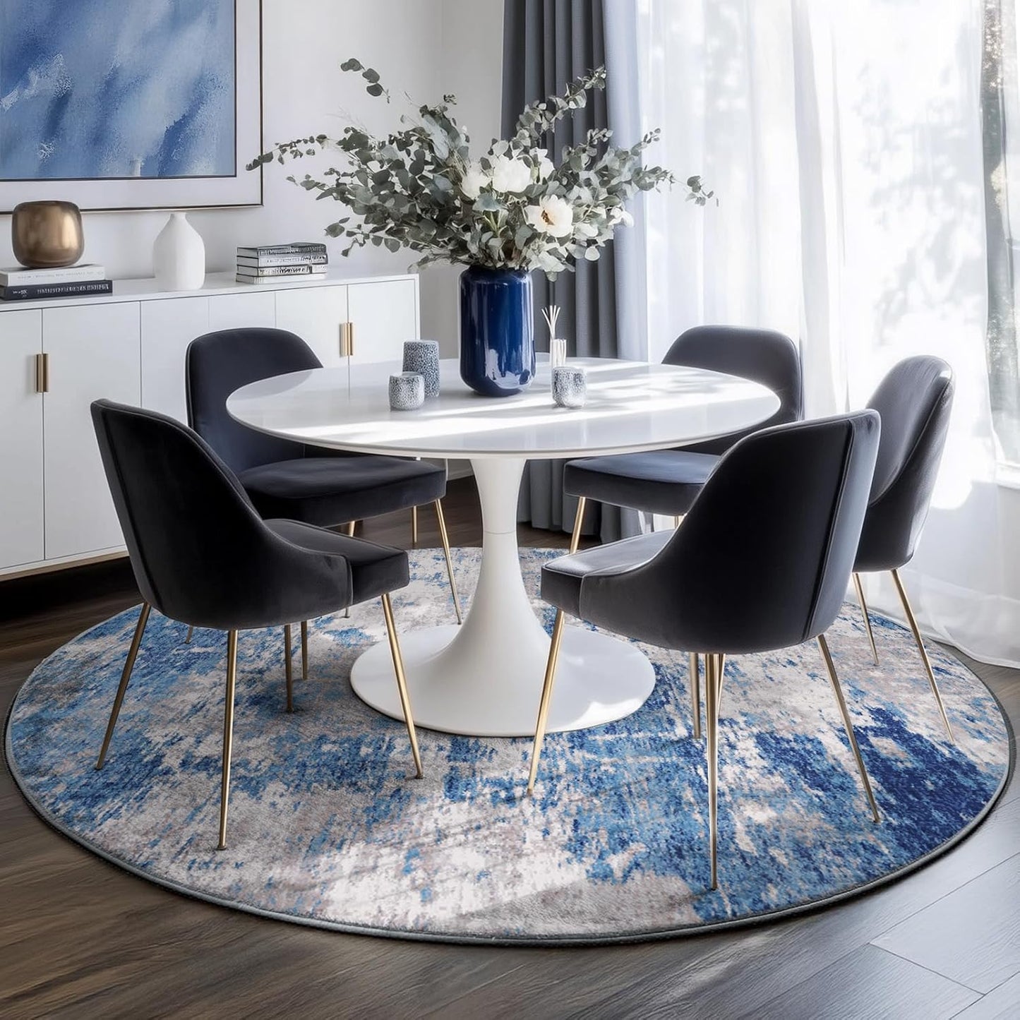 Washable Area Rugs 4ft Non-Slip Modern Abstract Soft for Living Room Entryway Bedroom Nursery, Print Pattern, Blue Grey Navy Gray