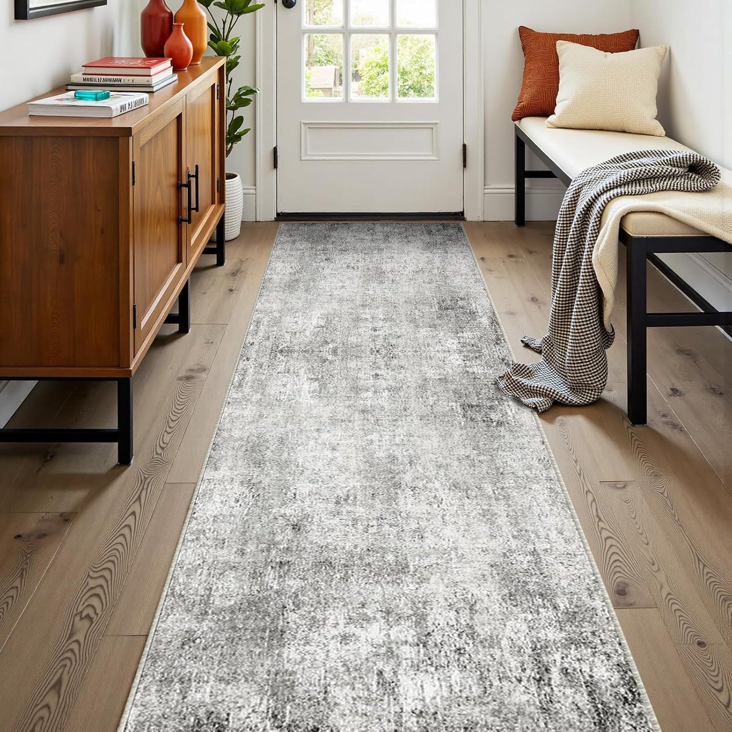 Washable Area Rugs 2'x8' Non-Slip Modern Abstract Soft for Living Room Entryway Bedroom Nursery, Print Pattern, Gray White Grey