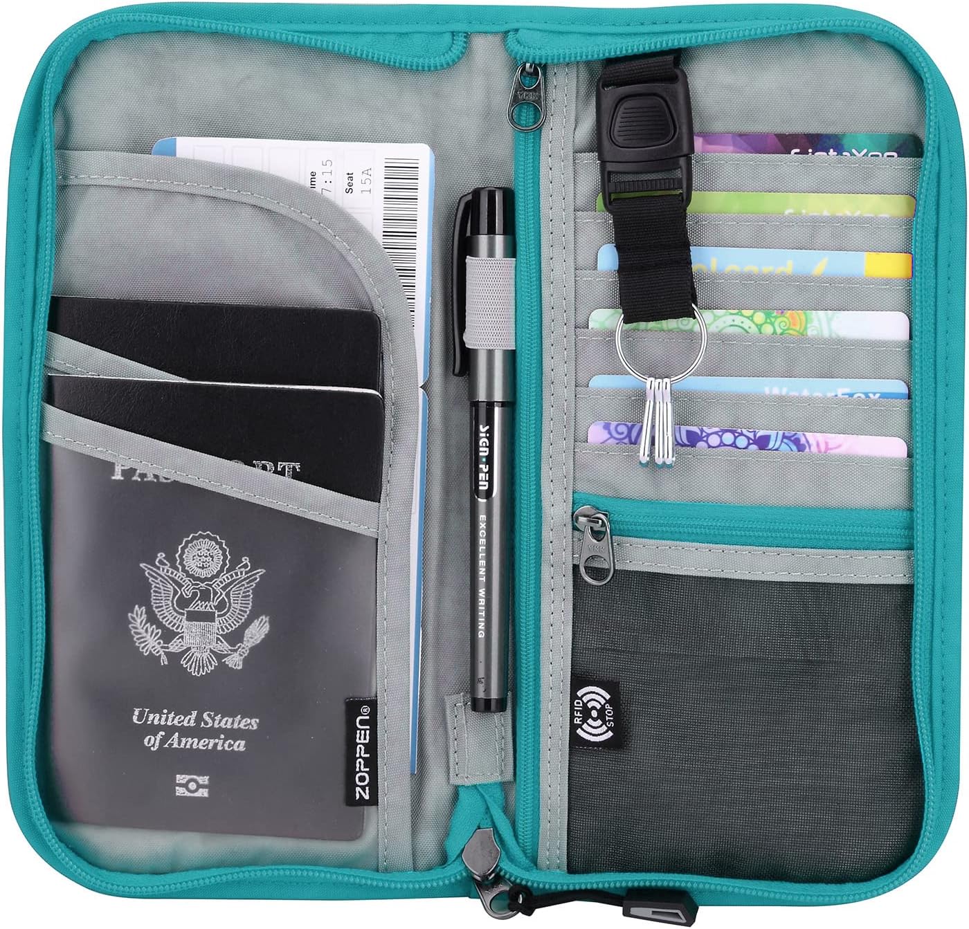 ZOPPEN Passport Holder Family RFID Passport Wallet, Passport Holder Women/Men, Travel Wallet Documents Organizer Zipper Case with Removable Wristlet Strap, Travel Essentials for Flying