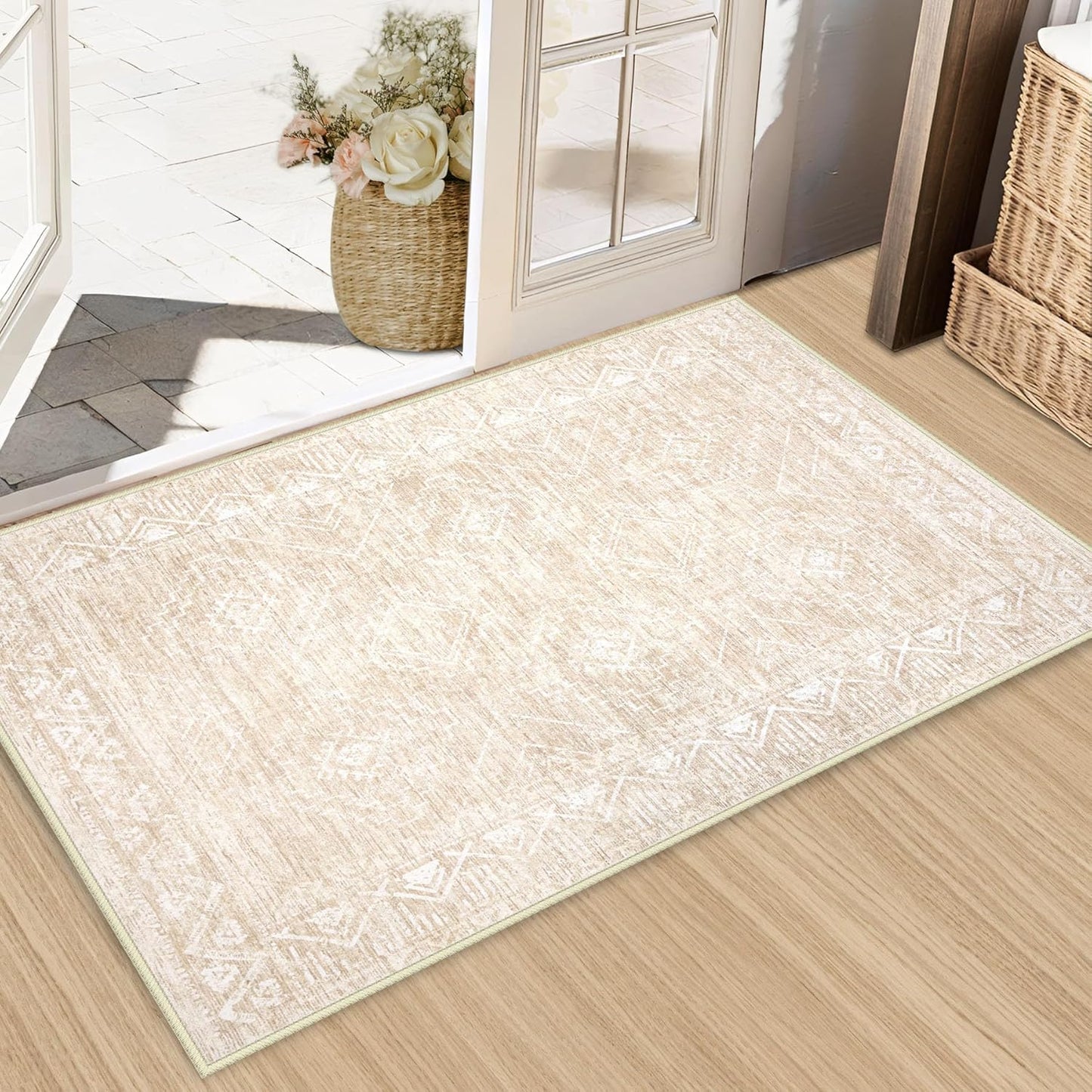 Moroccan Area Rug 2x3 - Washable Distressed Entryway Rug Non-Slip Small Rug, Soft Low-Pile Geometric Farmhouse Indoor Door Mat Floor Carpet for Entrance Bedroom Kitchen Bathroom (2 x 3, Beige)