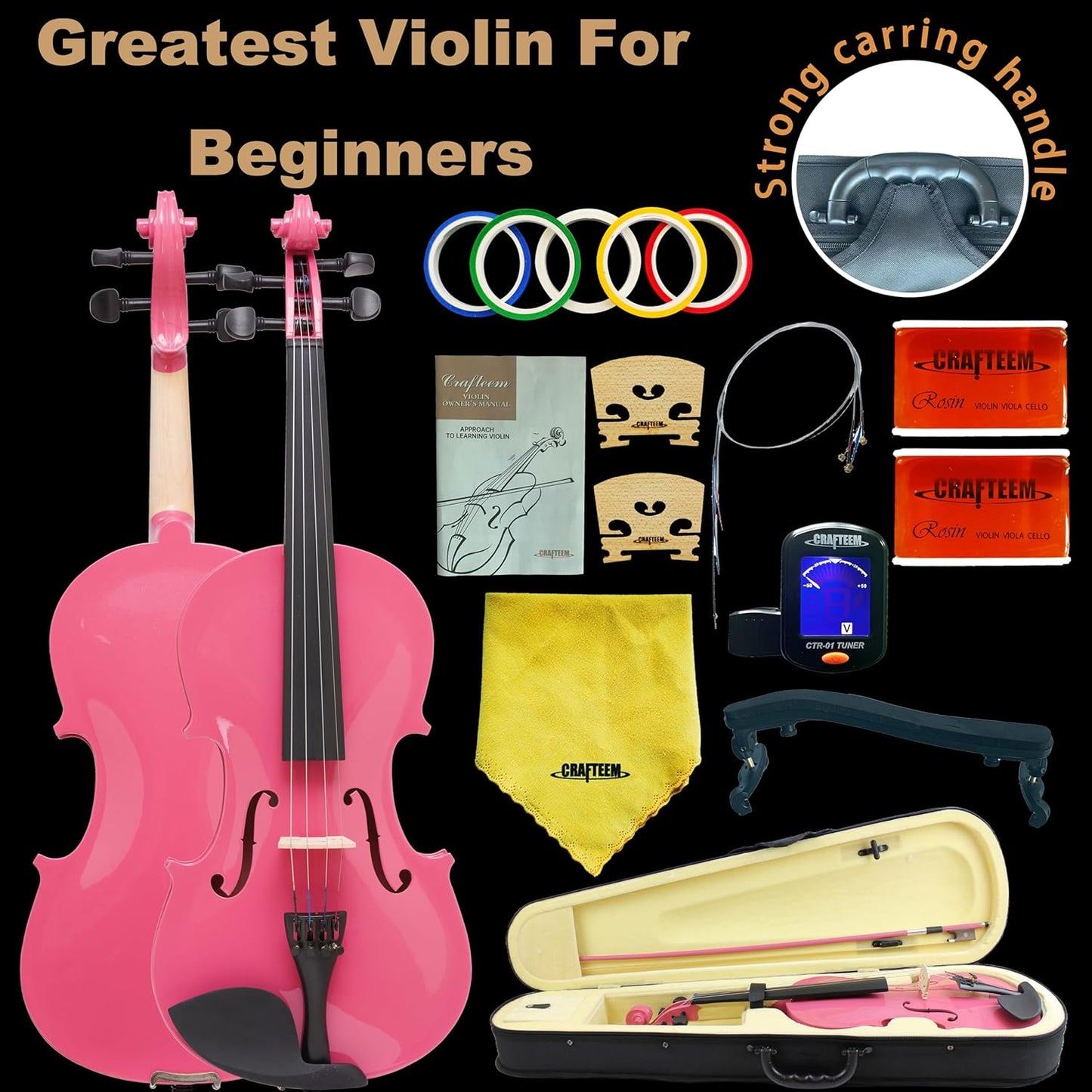 1/4 Fiddle Pick Colored Premium Violin Outfit for Beginners Adults Kids With 5 Color Fingering Tape- Handcrafted Student Beginner Violin. (Pink, 1/4)