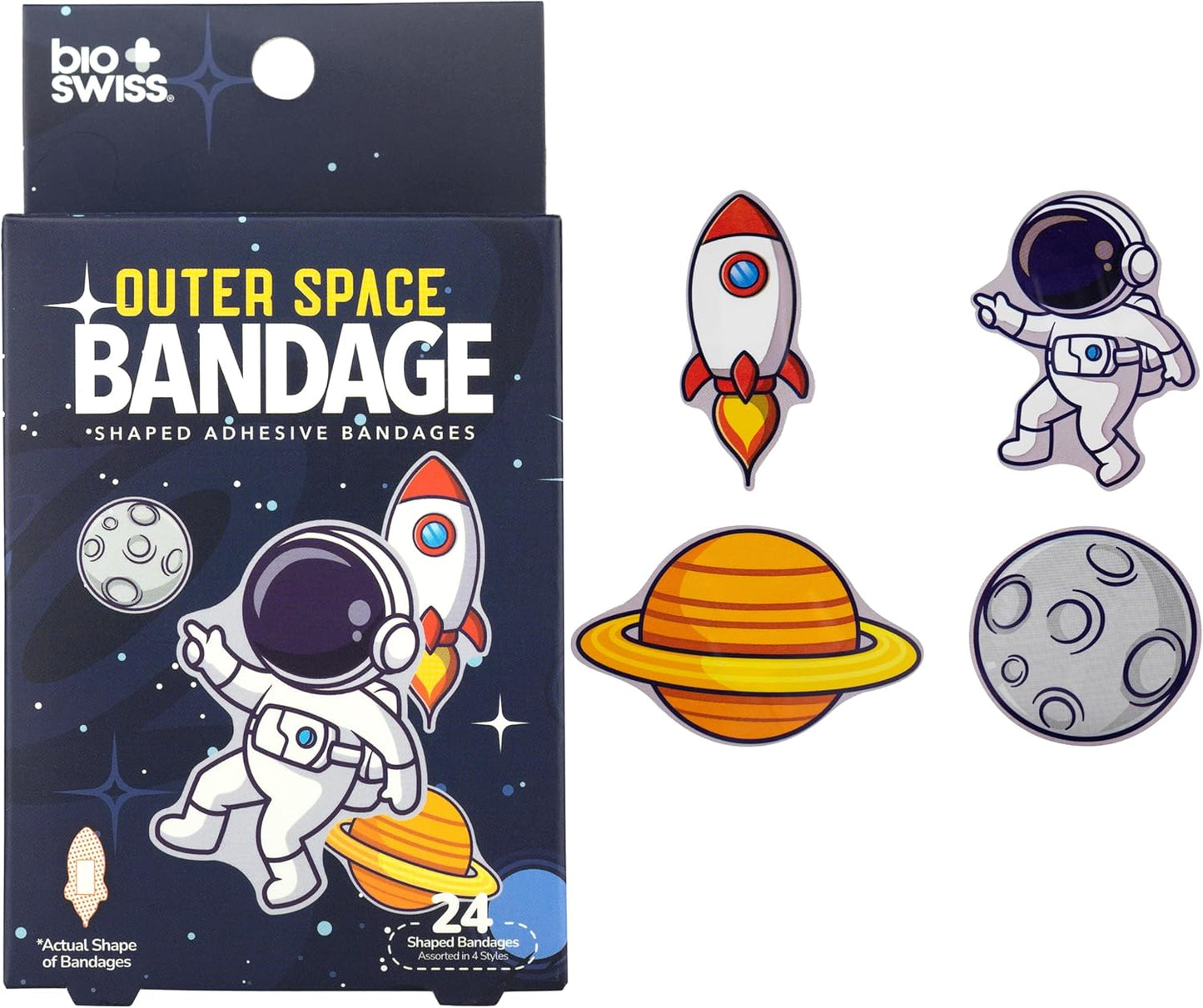 BioSwiss Bandages, Outer Space Shaped Self Adhesive Bandage, Latex Free Sterile Wound Care, Fun First Aid Kit Supplies for Kids and Adults, 24 Count