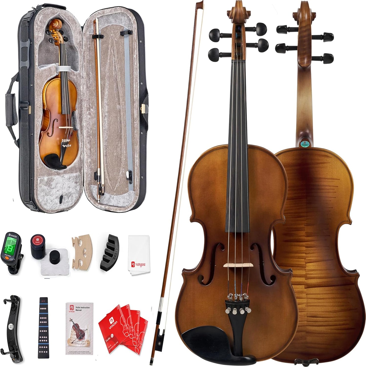 Vangoa Violin 4/4 Full Set Size, Fiddle Solid Spruce Wood Tiger Pattern for Professional Advanced Intermediate Beginners Adults Student Starter Acoustic Violins Kit Outfit Ebony Fittings, Hard Case