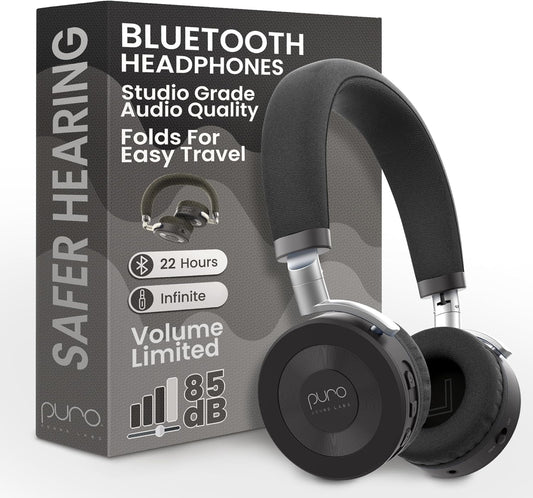 Puro Sound Labs JuniorJam Plus Volume-Limiting Wireless Bluetooth Headphones for Kids, Secure Audio with Adjustable On-Ear Design, 22-Hour Battery, Ideal for Tablets, Smartphones & PCs - Black