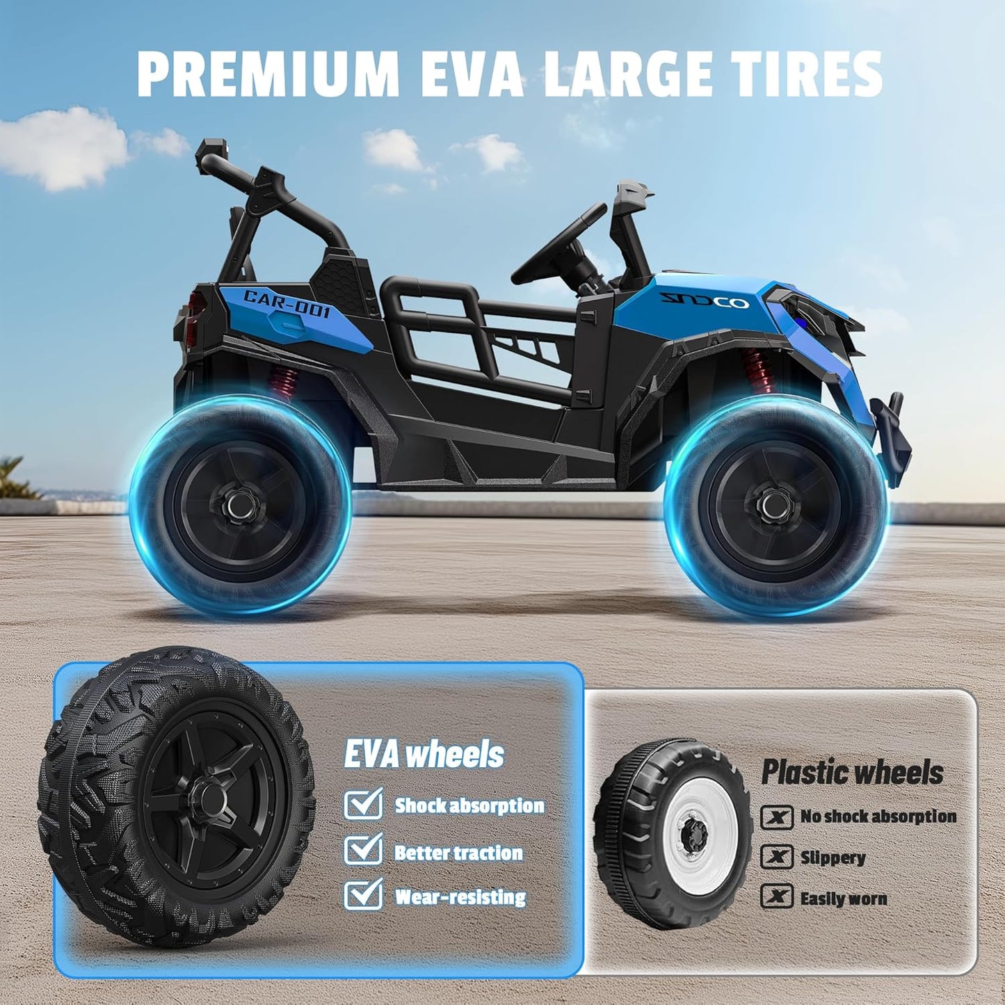 24V 2 Seater Ride on Car Truck, 4x200W, EVA Tires, 4WD/2WD, Remote Control, Rainbow Lights, Shock Absorbers, Bluetooth, Ride On UTV Toy for Kids Ages 3-8, Blue